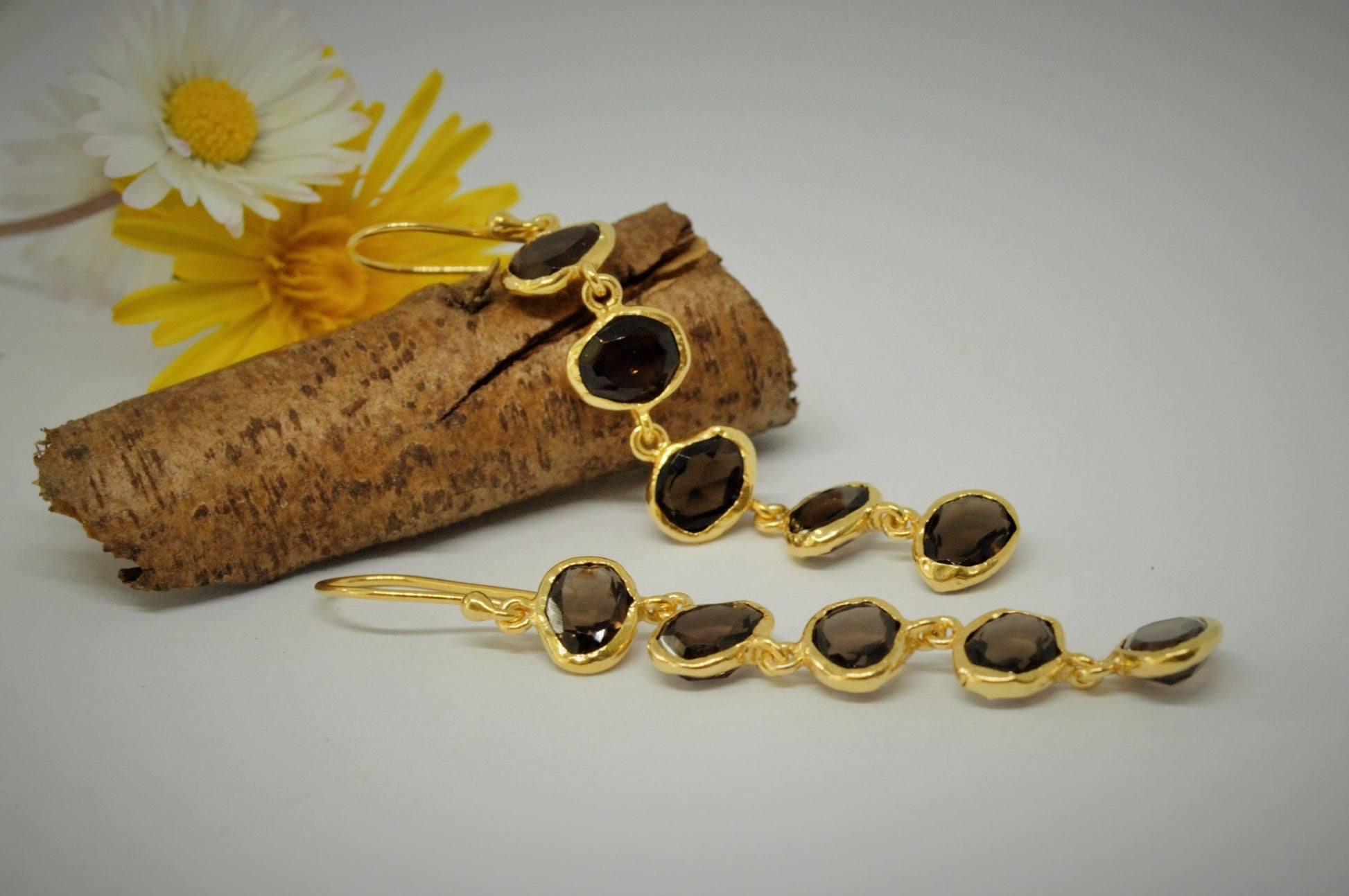 Smokey Quartz Gold Dangle Earrings, Unique Gold Plated Silver Gemstone Big Drop Earrings, Quartz Jewelry, Gift For Her, Birthday Gift