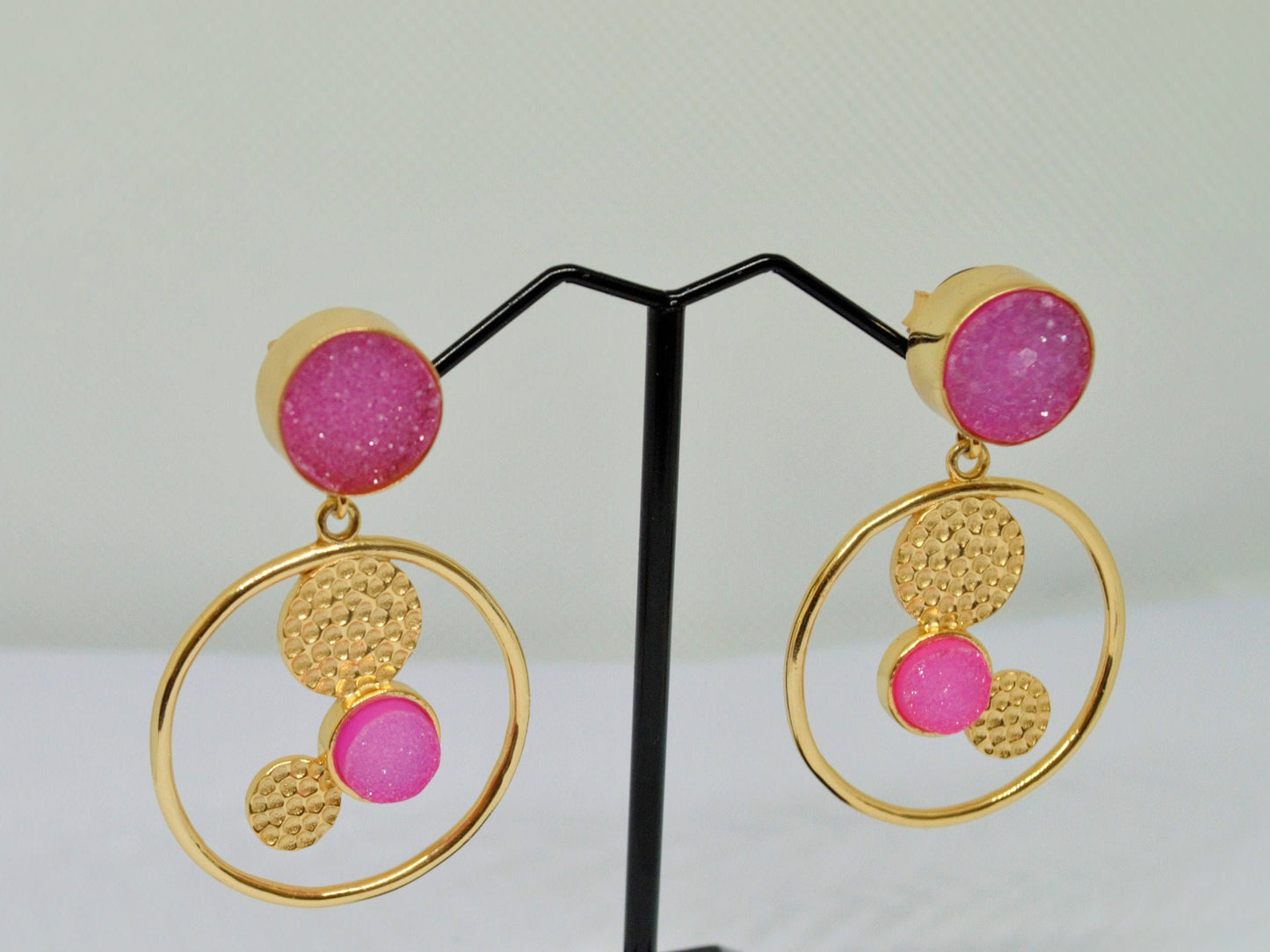 Pink Druzy Agate Gold Earrings, Gold Plated Sterling Silver Earrings, Statement Jhumka Earrings, Gift for her, Birthday gift