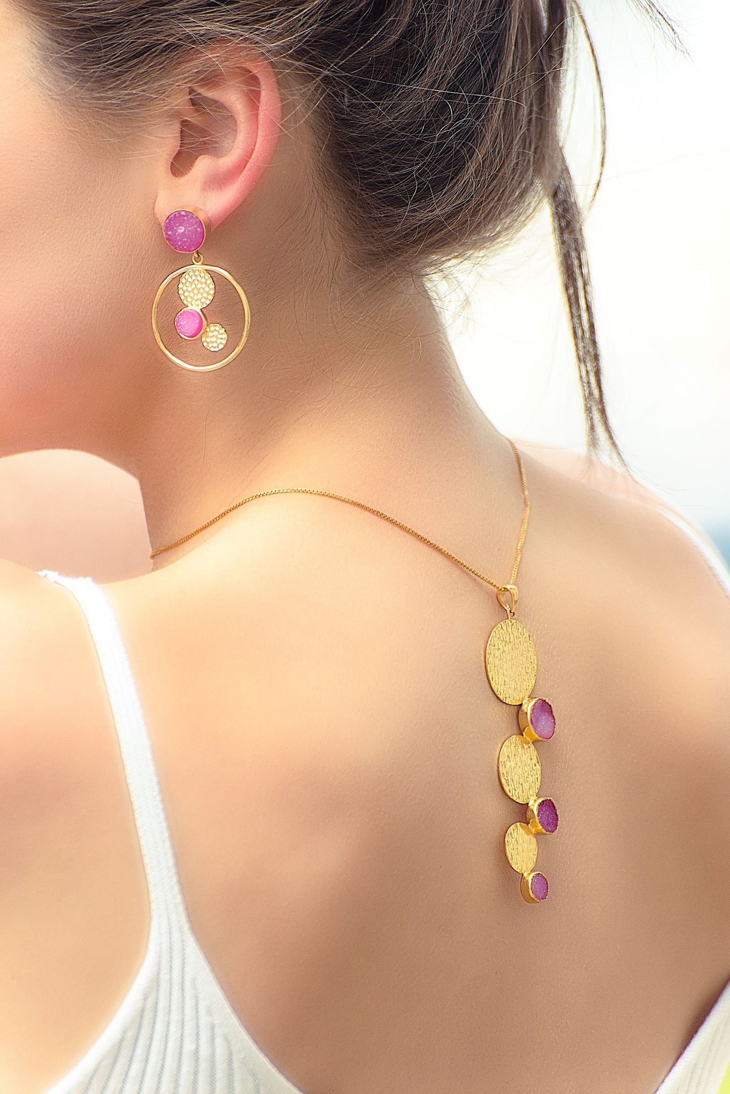 Pink Druzy Agate Gold Earrings, Gold Plated Sterling Silver Earrings, Statement Jhumka Earrings, Gift for her, Birthday Gift