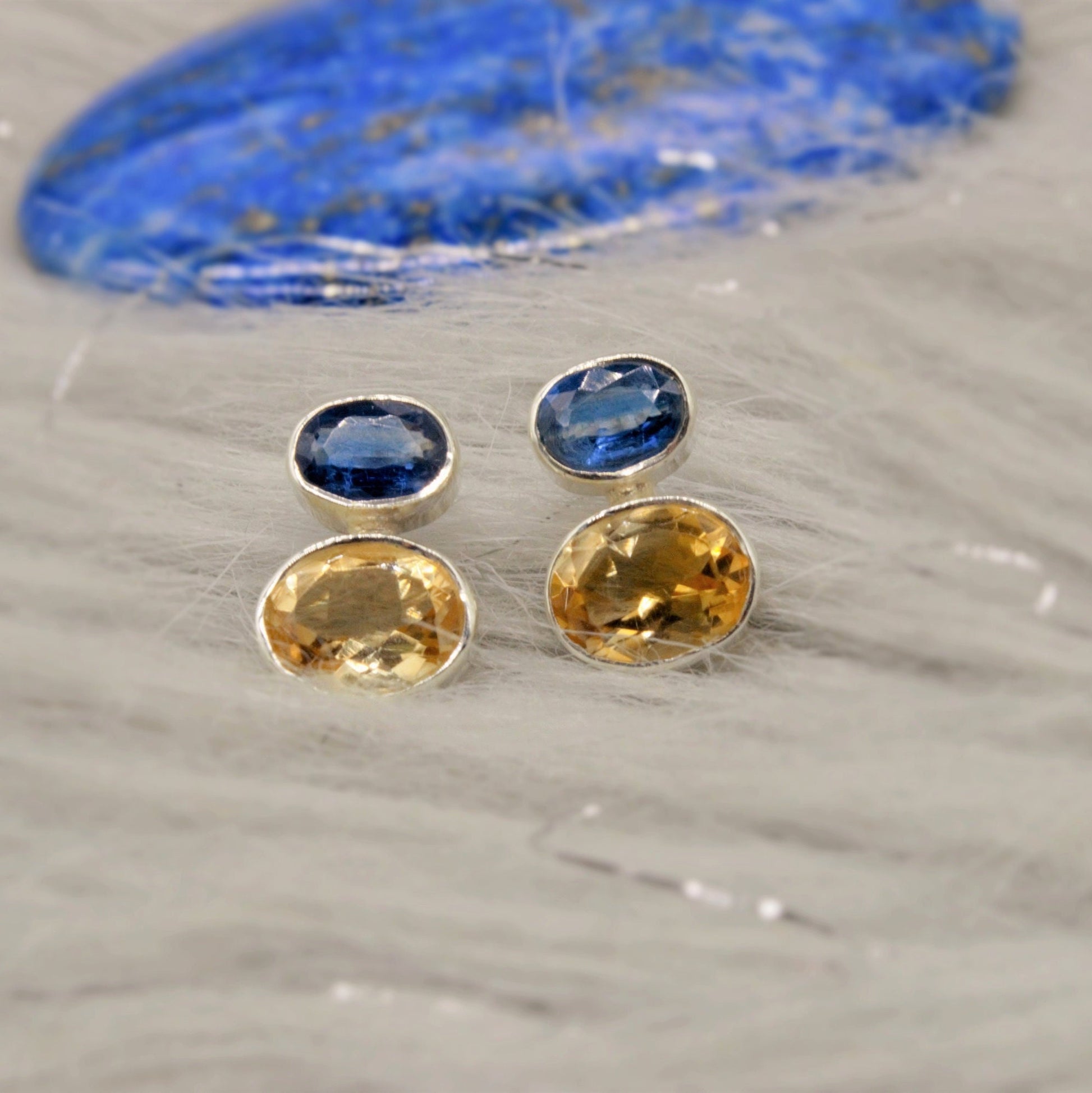 Kyanite and Citrine Earrings, Silver Stud Earrings, Kyanite Jewelry, Citrine Jewelry, Unique Statement Earrings, Birthday Gift For Her