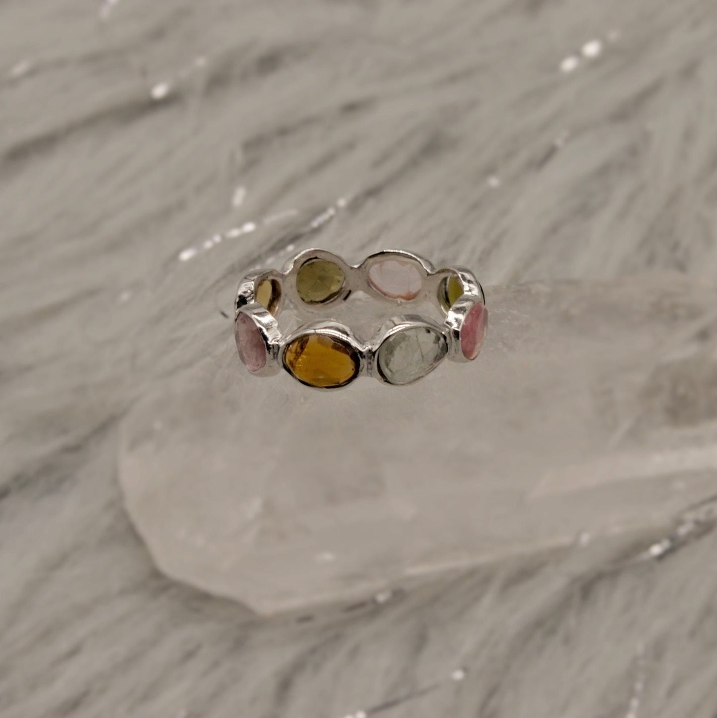 Raw Tourmaline Ring, 925 Sterling Silver Ring, Tourmaline Jewelry, October Birthstone, Raw Pink Green Gem Stone Eternity Ring, Gifts For Her