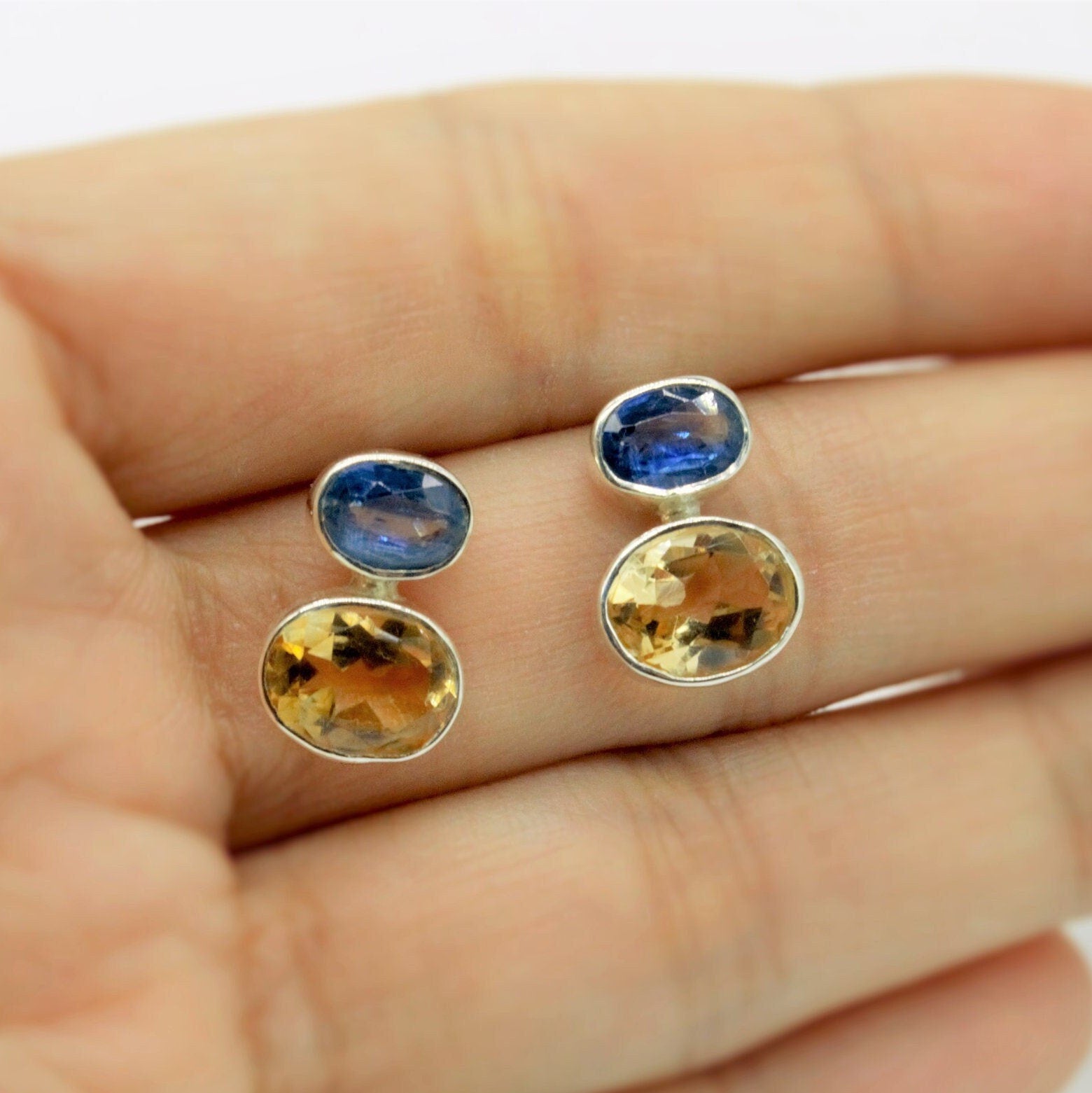 Kyanite and Citrine Earrings, Silver Stud Earrings, Kyanite Jewelry, Citrine Jewelry, Unique Statement Earrings, Birthday Gift For Her