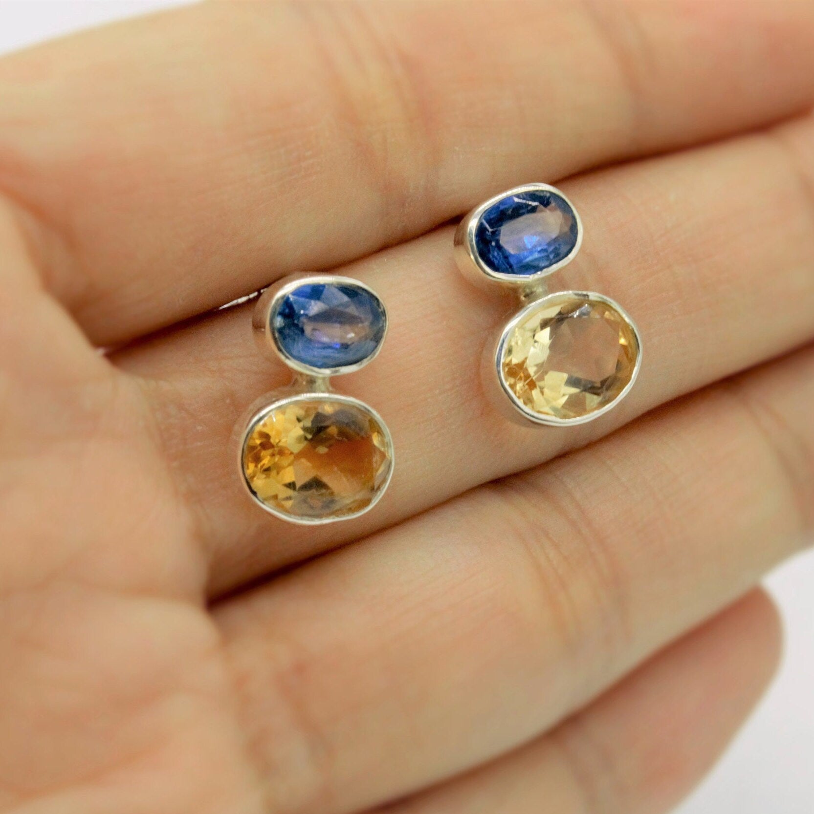 Kyanite and Citrine Earrings, Silver Stud Earrings, Kyanite Jewelry, Citrine Jewelry, Unique Statement Earrings, Birthday Gift For Her