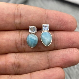 Larimar Blue Topaz Silver Stud Earrings, Larimar Stone, Larimar Gemstone, Blue Topaz Studs, Larimar Earrings, Birthday Gift For Her