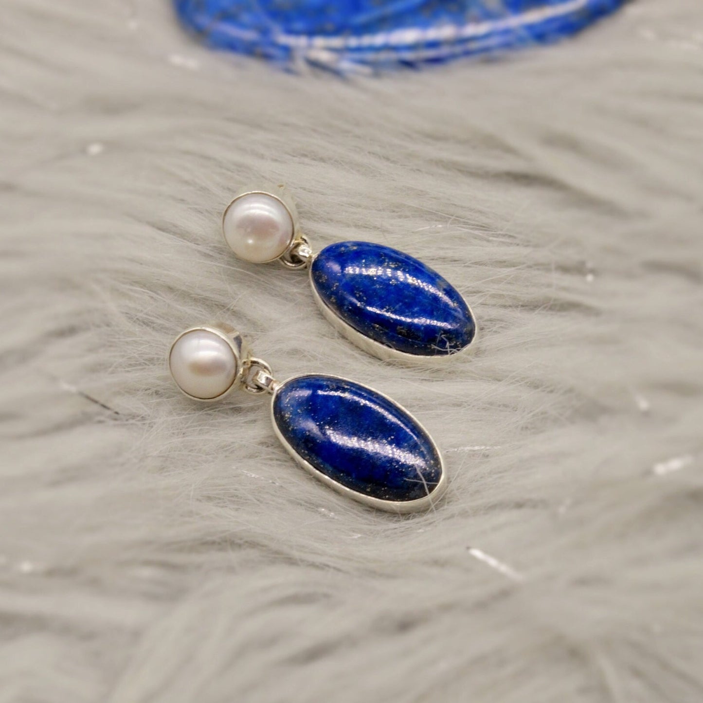Lapis Lazuli Sterling Silver Earrings, Pearl Earrings, Handmade Blue Earrings, Gifts For Her, Women Gemstone Earrings, Birthday Gift