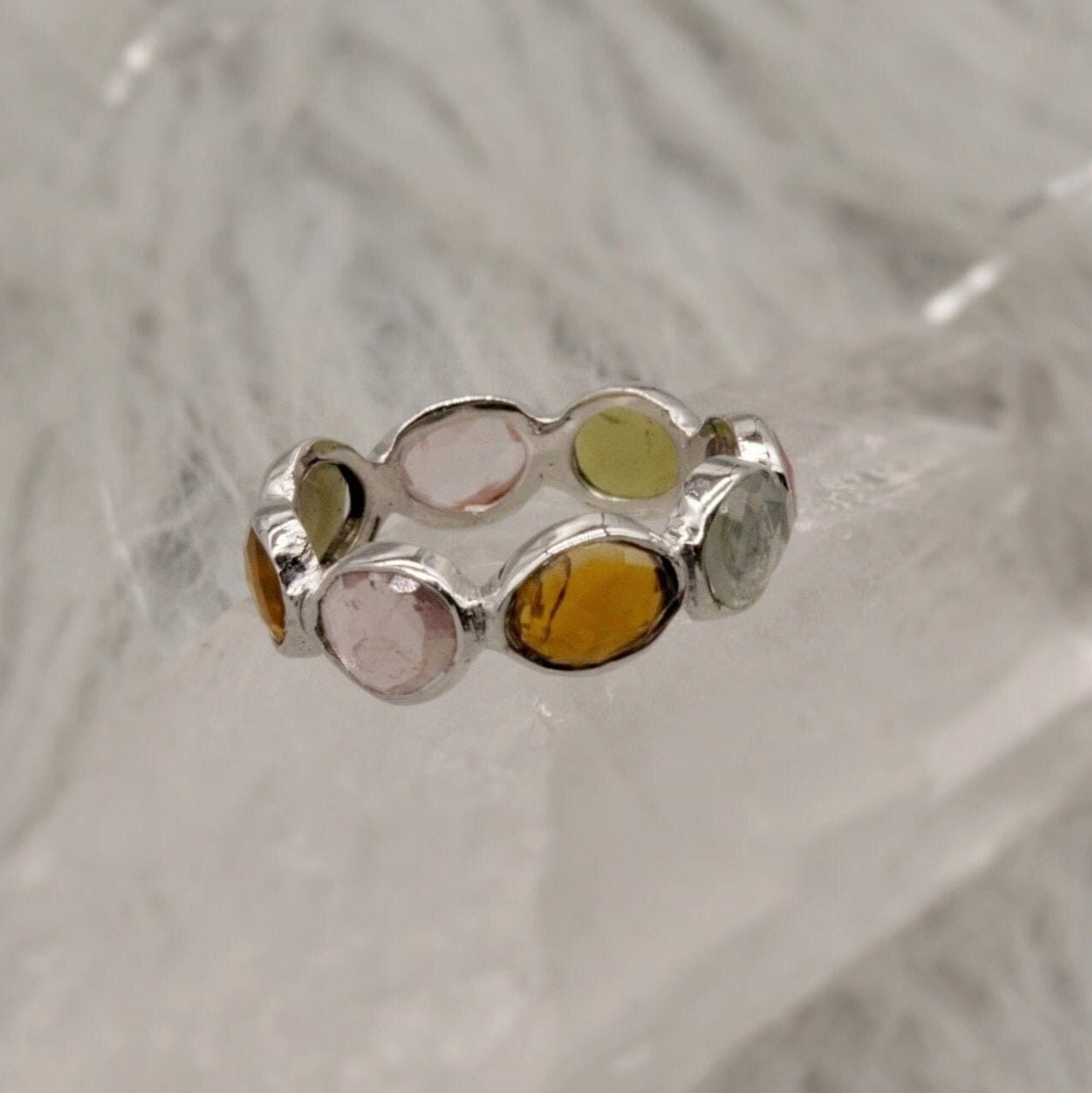 Raw Tourmaline Ring, 925 Sterling Silver Ring, Tourmaline Jewelry, October Birthstone, Raw Pink Green Gem Stone Eternity Ring, Gifts For Her