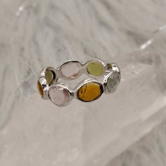 Raw Tourmaline Ring, 925 Sterling Silver Ring, Tourmaline Jewelry, October Birthstone, Raw Pink Green Gem Stone Eternity Ring, Gifts For Her