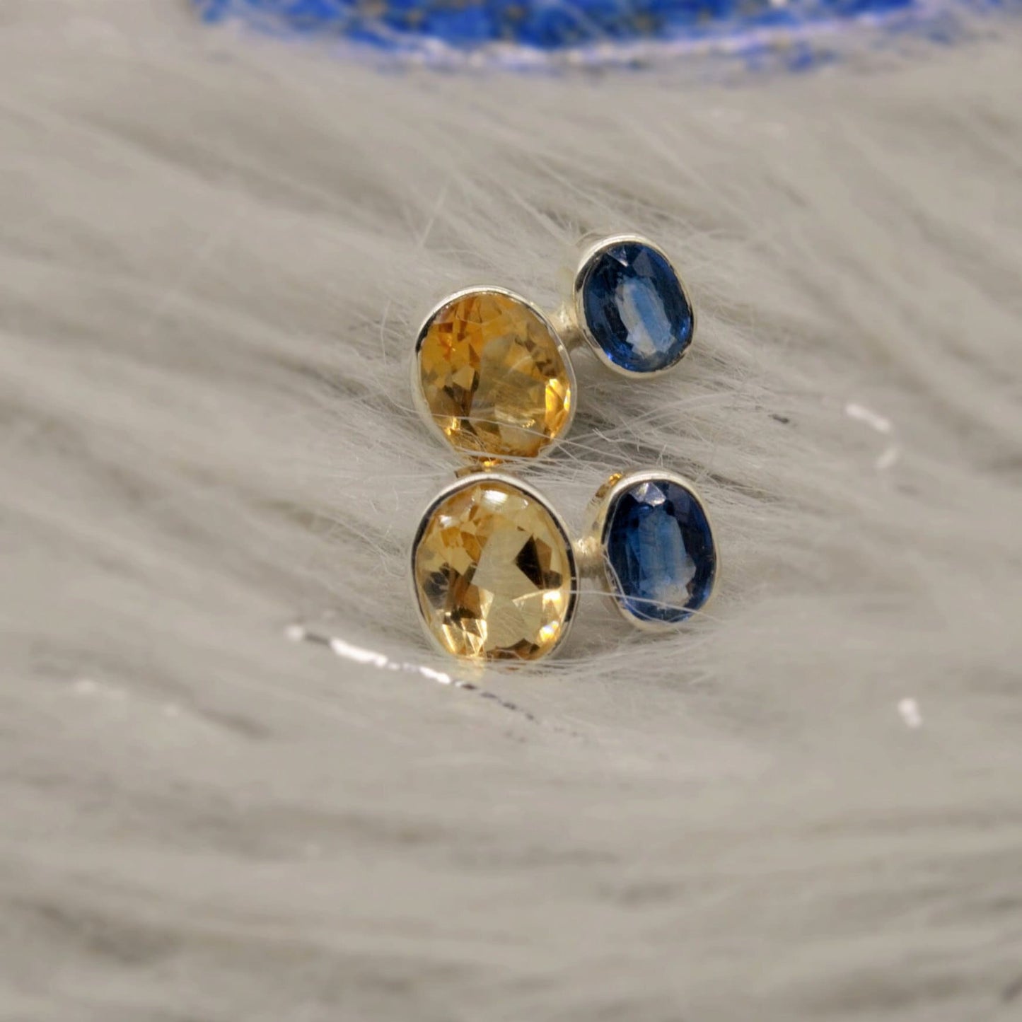 Kyanite and Citrine Earrings, Silver Stud Earrings, Kyanite Jewelry, Citrine Jewelry, Unique Statement Earrings, Birthday Gift For Her
