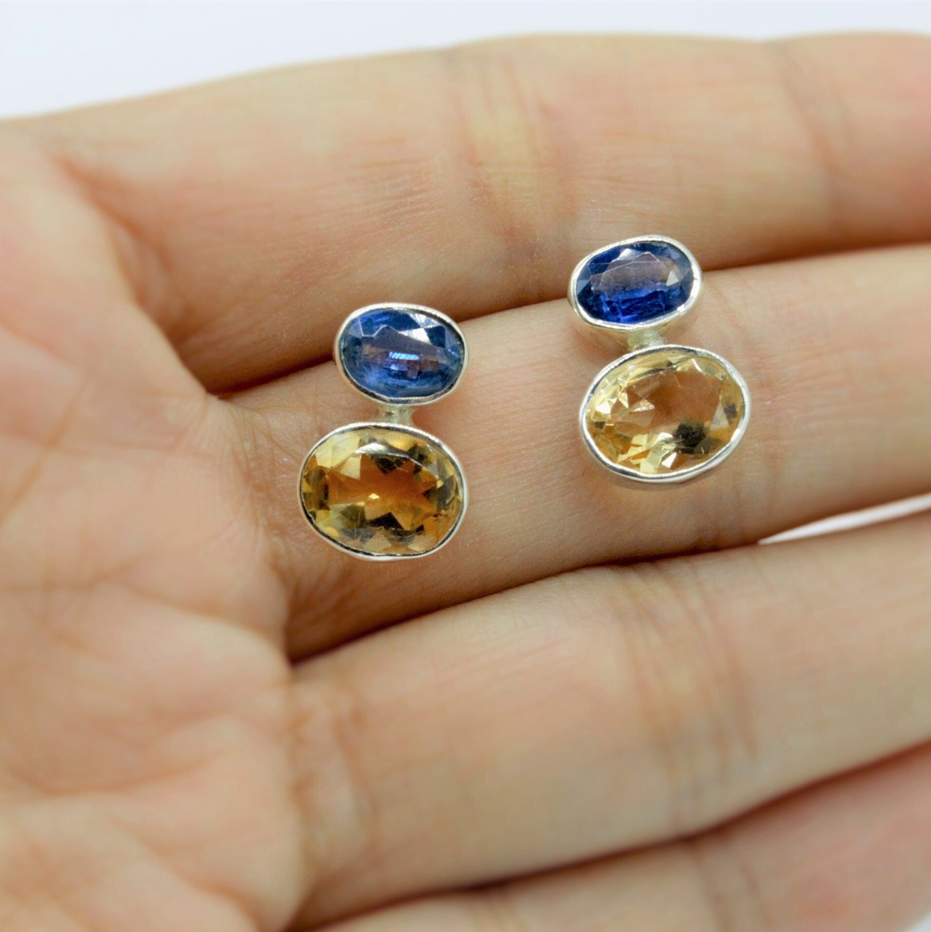 Kyanite and Citrine Earrings, Silver Stud Earrings, Kyanite Jewelry, Citrine Jewelry, Unique Statement Earrings, Birthday Gift For Her
