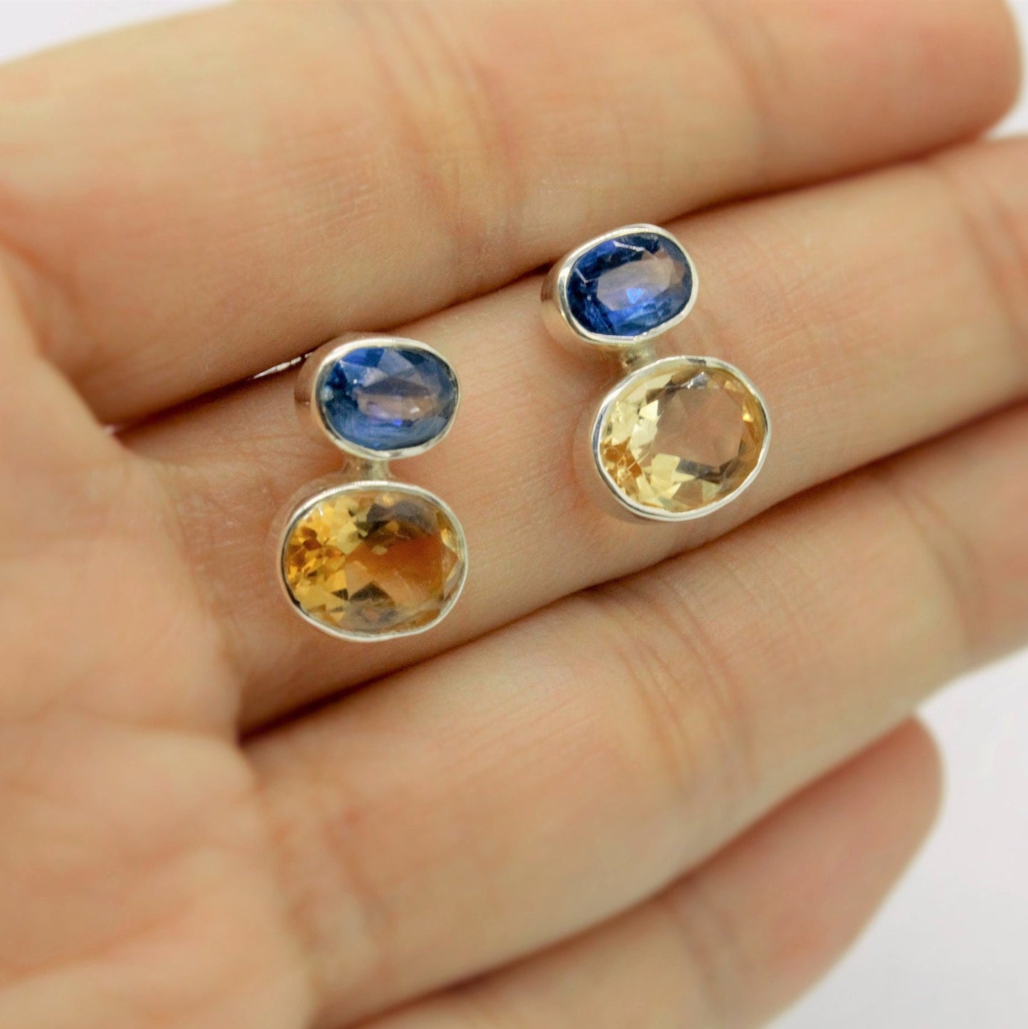 Kyanite and Citrine Earrings, Silver Stud Earrings, Kyanite Jewelry, Citrine Jewelry, Unique Statement Earrings, Birthday Gift For Her