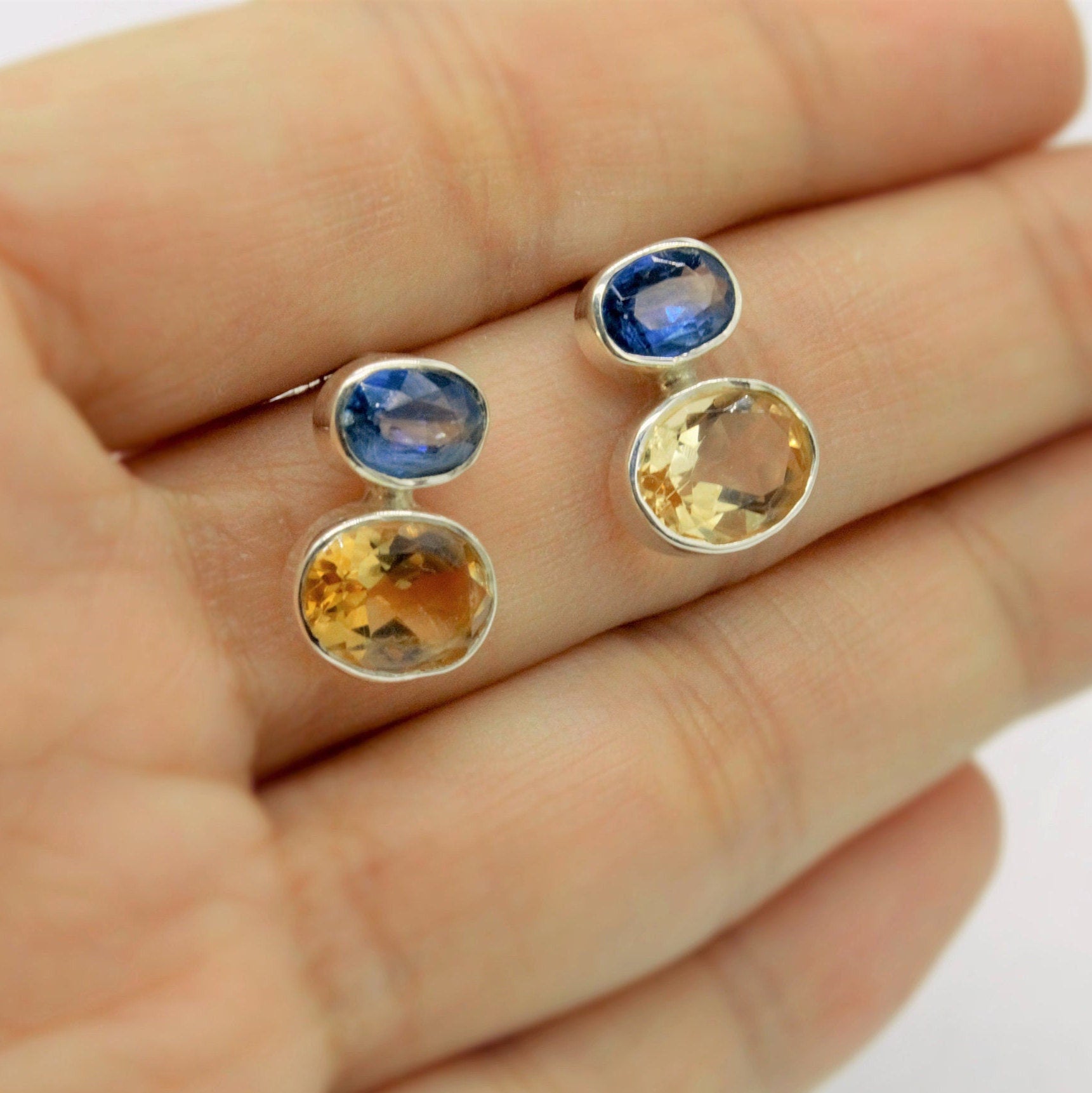 Kyanite and Citrine Earrings, Silver Stud Earrings, Kyanite Jewelry, Citrine Jewelry, Unique Statement Earrings, Birthday Gift For Her