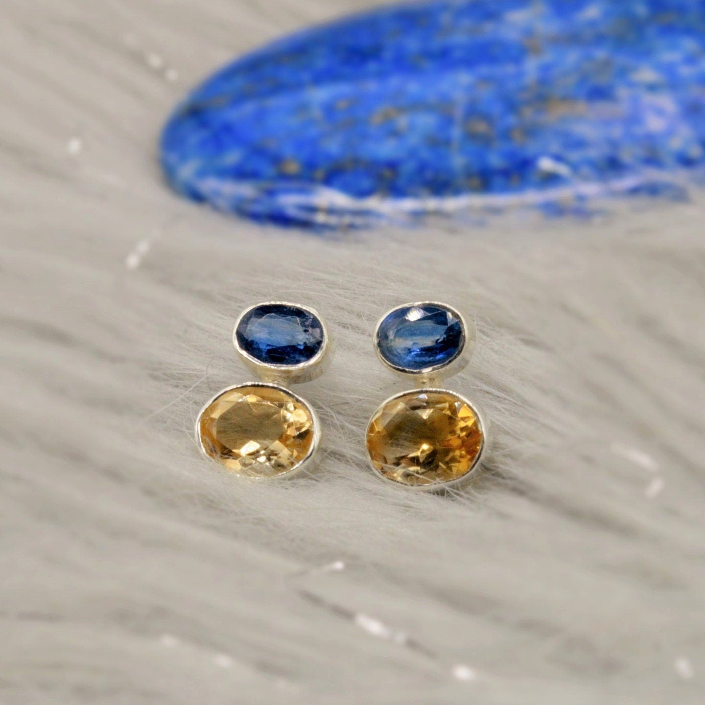 Kyanite and Citrine Earrings, Silver Stud Earrings, Kyanite Jewelry, Citrine Jewelry, Unique Statement Earrings, Birthday Gift For Her