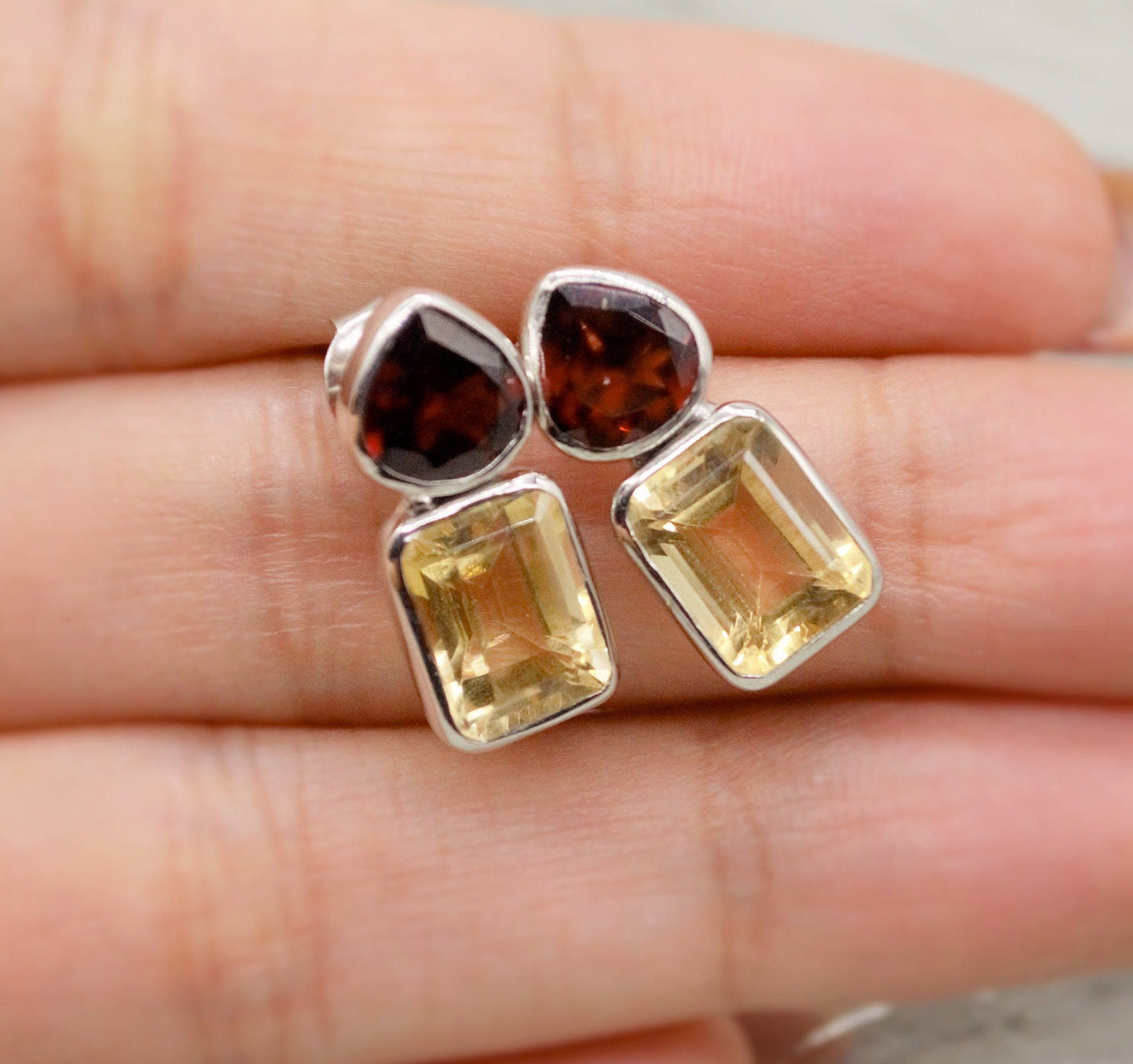 Garnet Citrine Silver Stud Earrings, Unique 925 Sterling Silver Earrings, January, November Birthstone, Birthday Gifts For Her, Valentine