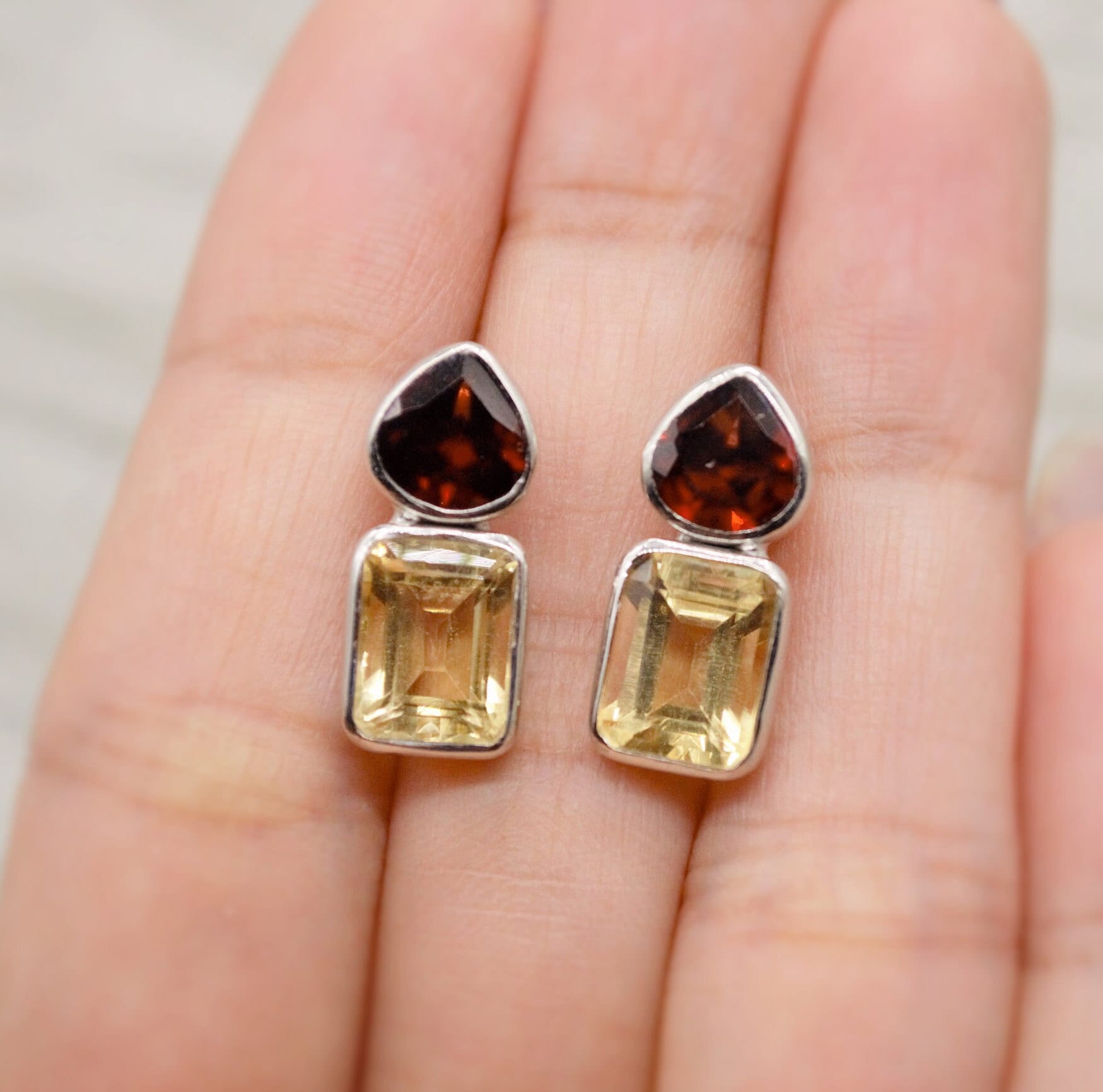 Garnet Citrine Silver Stud Earrings, Unique 925 Sterling Silver Earrings, January, November Birthstone, Birthday Gifts For Her, Valentine