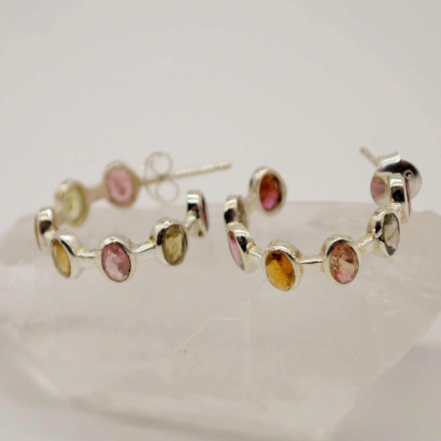 Mixed Tourmaline Sterling Silver Hoop Earrings, Tourmaline Jewelry, October Birthstone Earrings, Minimalist Earrings, Unique Gifts For Her