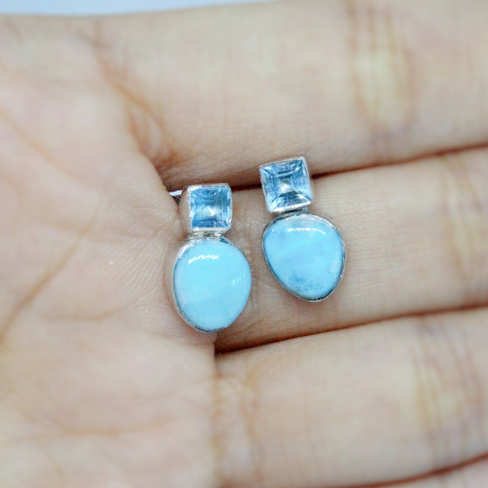 Larimar Blue Topaz Silver Stud Earrings, Larimar Stone, Larimar Gemstone, Blue Topaz Studs, Larimar Earrings, Birthday Gift For Her