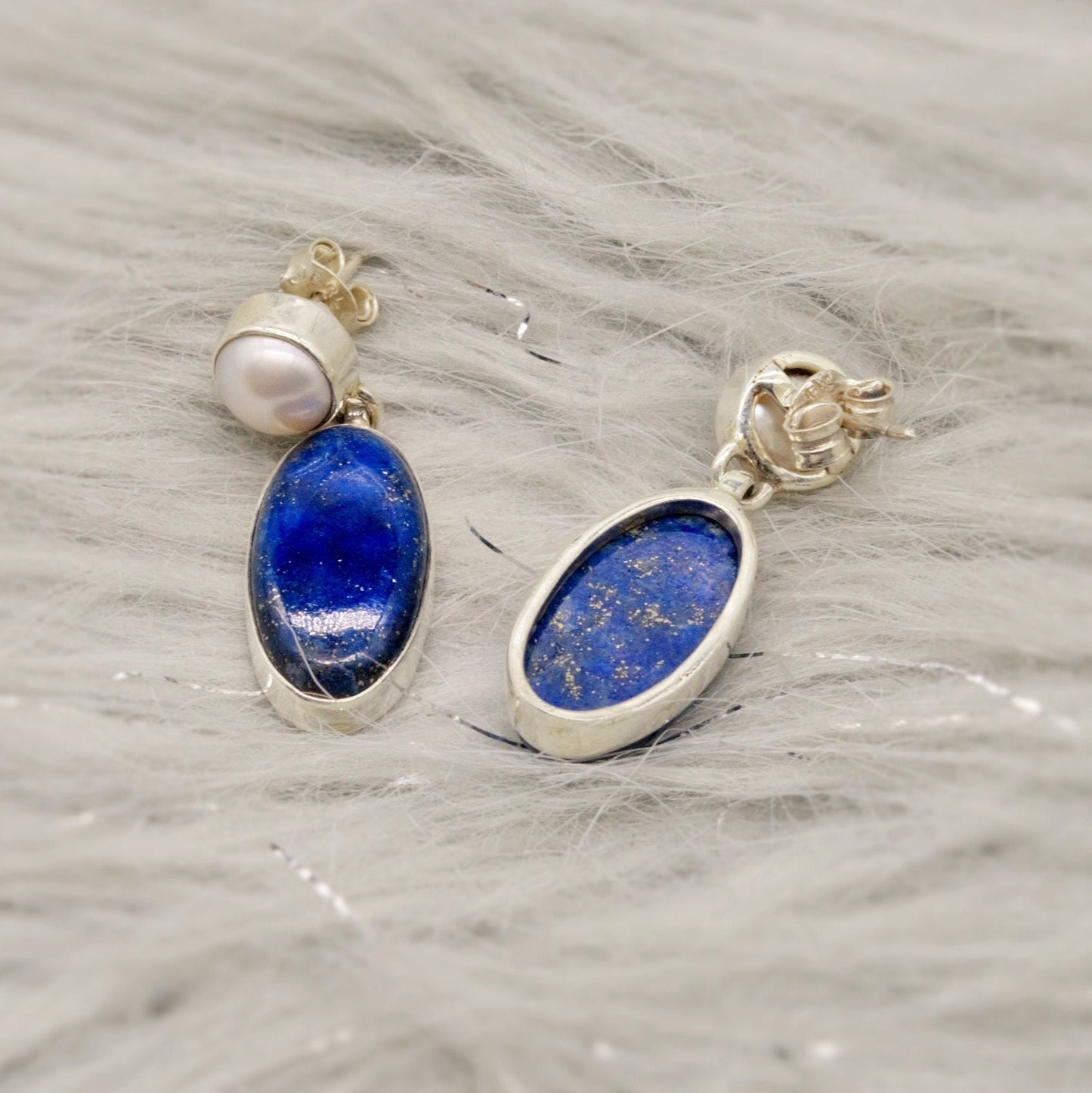 Lapis Lazuli Sterling Silver Earrings, Pearl Earrings, Handmade Blue Earrings, Gifts For Her, Women Gemstone Earrings, Birthday Gift