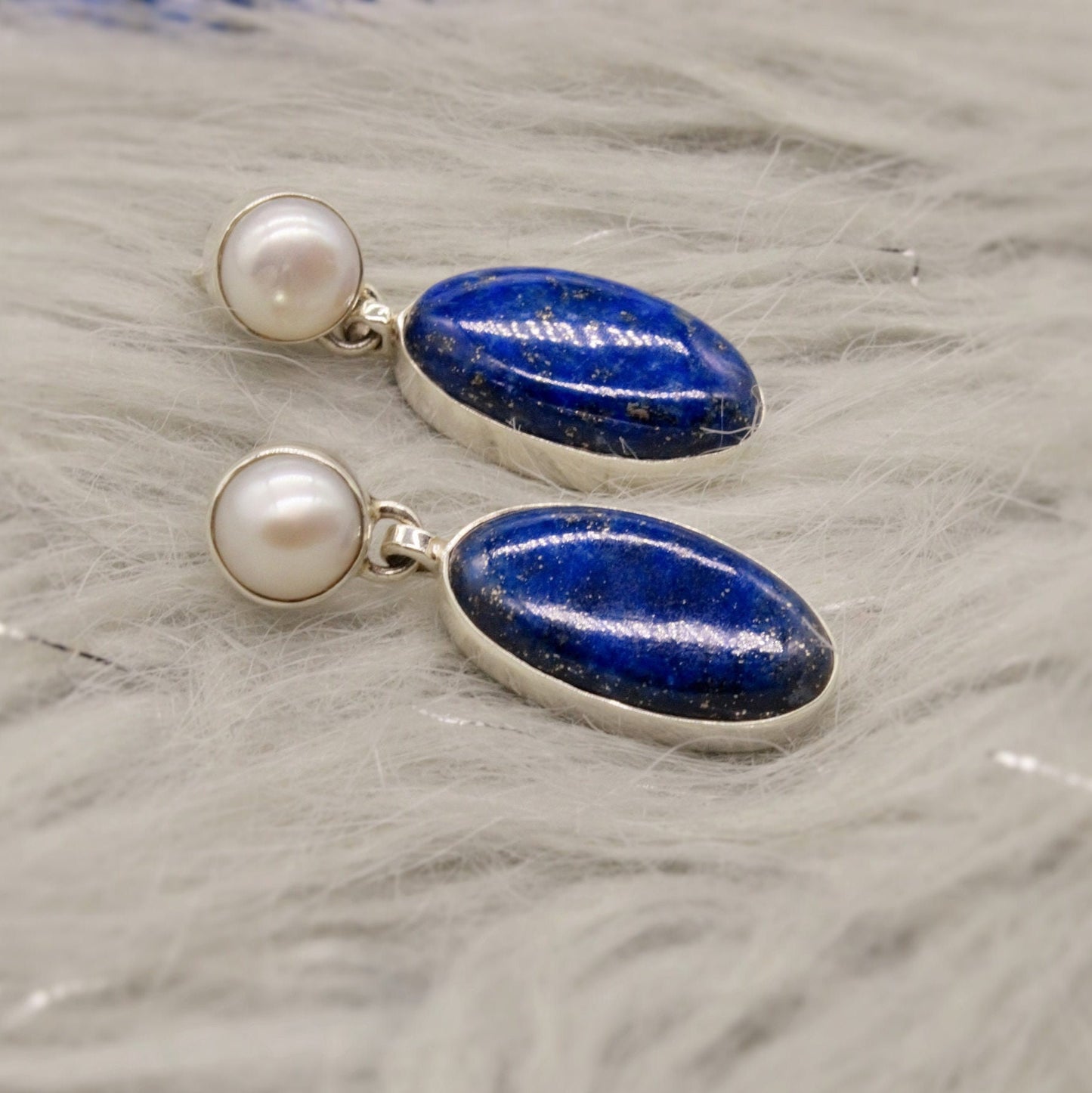 Lapis Lazuli Sterling Silver Earrings, Pearl Earrings, Handmade Blue Earrings, Gifts For Her, Women Gemstone Earrings, Birthday Gift