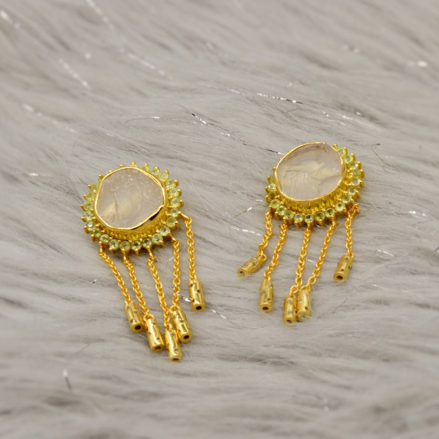Peridot Clear Quartz Gold Earrings, Clear Quartz Crystal, August Birthstone, Unique Statement Dangle Drop Earrings, Gift For Her