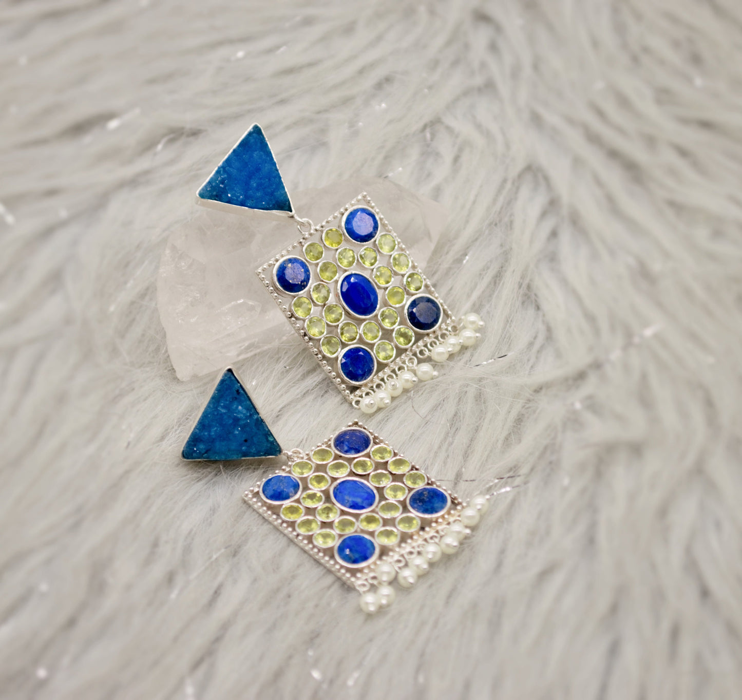Blue Agate, Lapis, Peridot Silver Earrings, Lapis Lazuli Earrings, August, December Birthstone, Unique Statement Earrings, Gift For Her