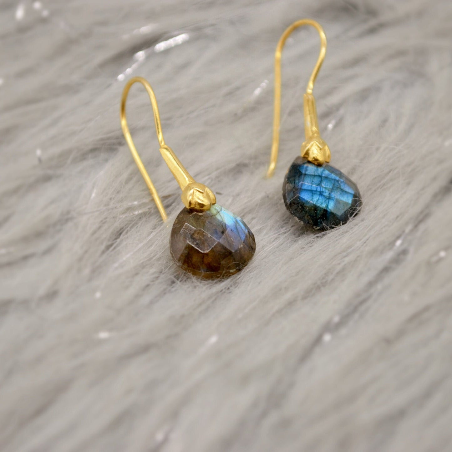 Labradorite Dangle Silver Earrings, Gold Plated Sterling Silver, Handmade Gemstone Earrings, Labradorite Stone Jewelry, Gift For Her