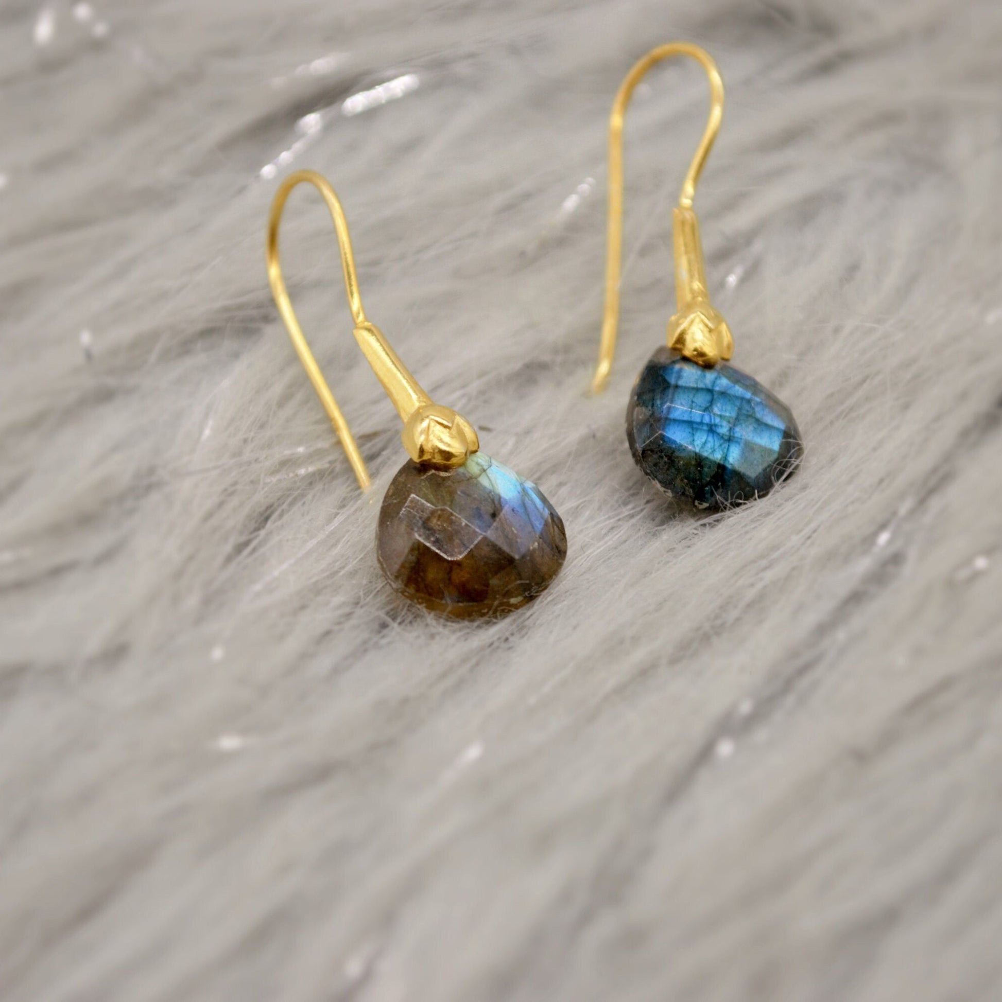 Labradorite Dangle Silver Earrings, Gold Plated Sterling Silver, Handmade Gemstone Earrings, Labradorite Stone Jewelry, Gift For Her