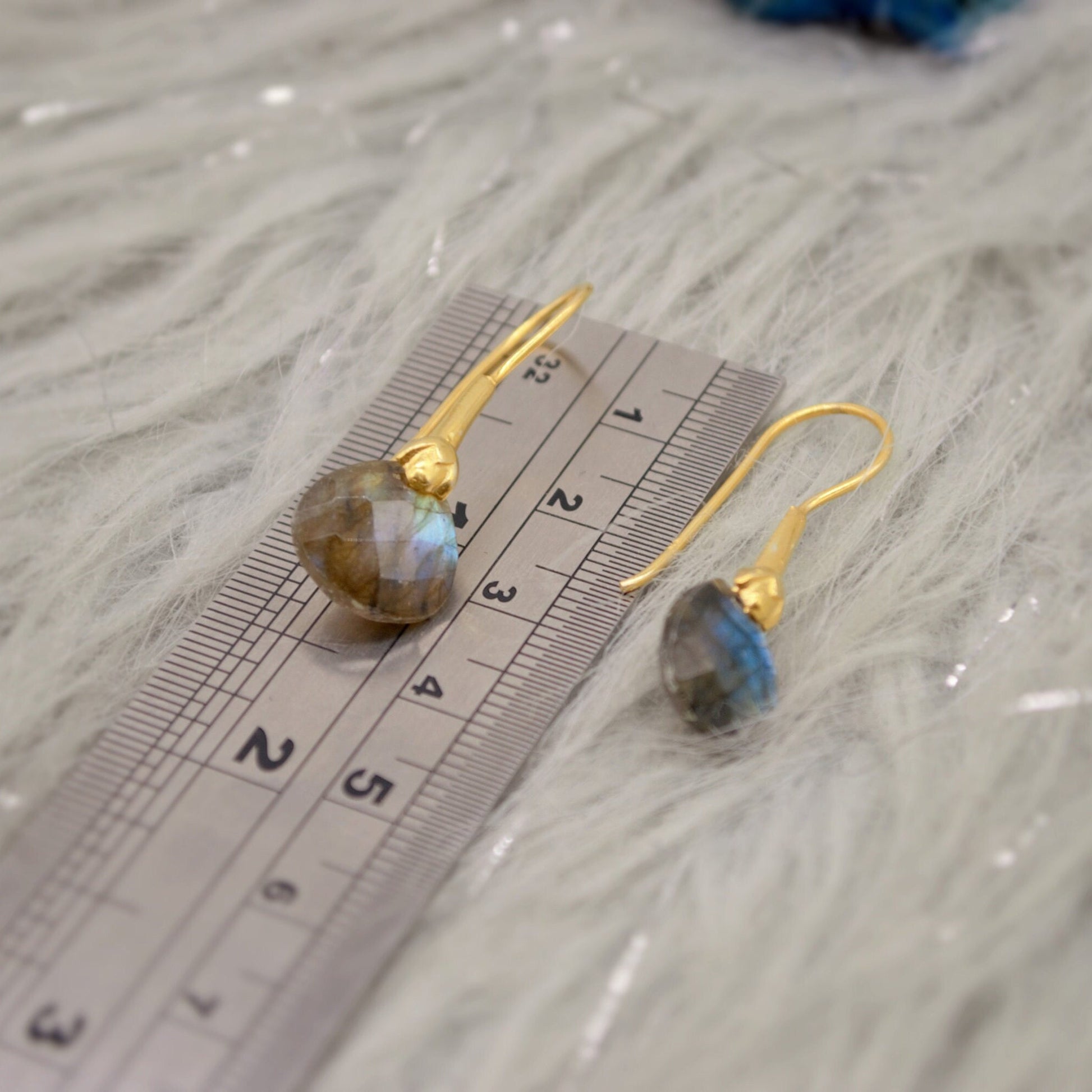 Labradorite Dangle Silver Earrings, Gold Plated Sterling Silver, Handmade Gemstone Earrings, Labradorite Stone Jewelry, Gift For Her