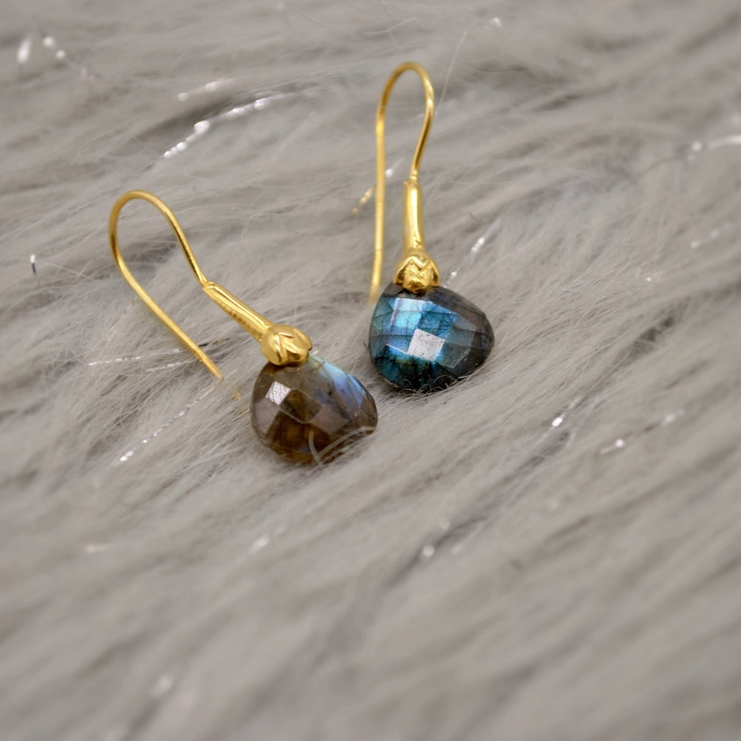 Labradorite Dangle Silver Earrings, Gold Plated Sterling Silver, Handmade Gemstone Earrings, Labradorite Stone Jewelry, Gift For Her