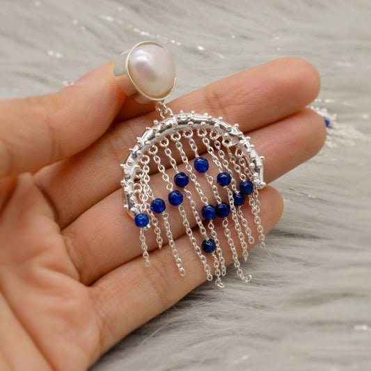 Blue Aventurine, Pearl Silver Earrings, June Birthstone Jewelry, Unique Gemstone Earrings, Indian Jhumka Earrings, Gift For Her