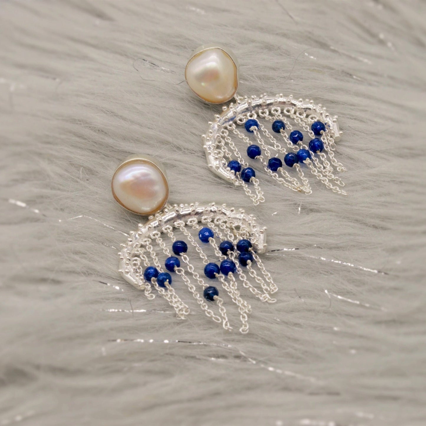 Blue Aventurine, Pearl Silver Earrings, June Birthstone Jewelry, Unique Gemstone Earrings, Indian Jhumka Earrings, Gift For Her