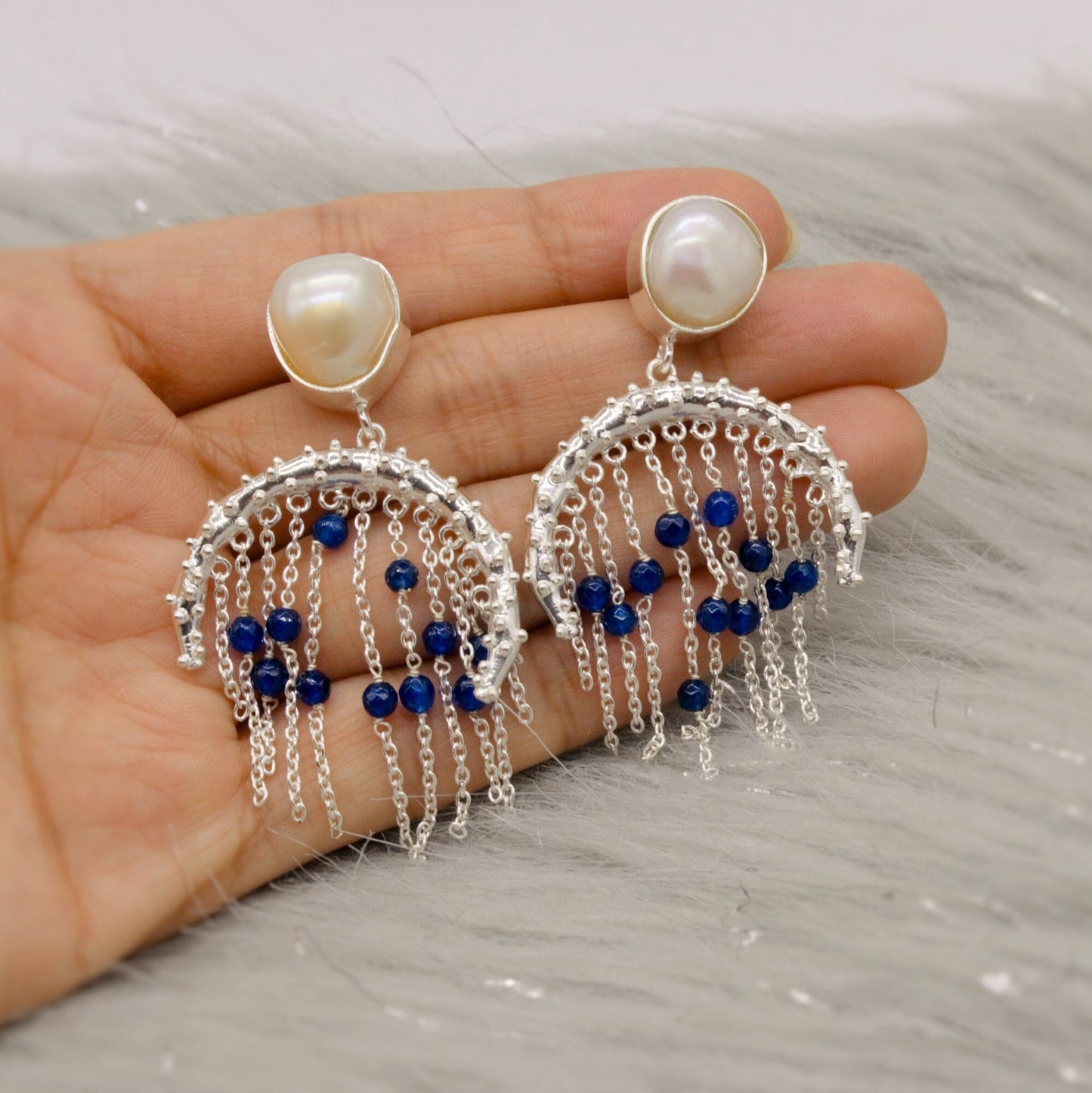 Blue Aventurine, Pearl Silver Earrings, June Birthstone Jewelry, Unique Gemstone Earrings, Indian Jhumka Earrings, Gift For Her