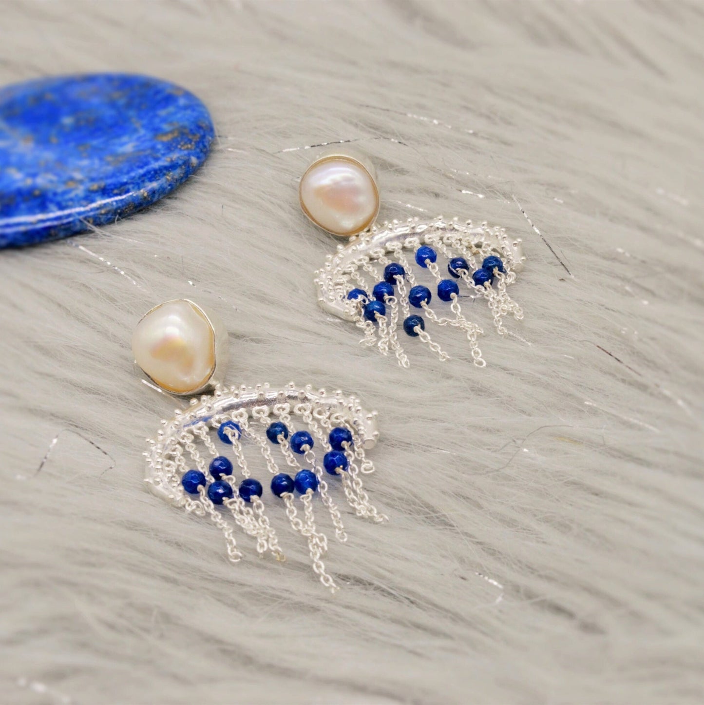 Blue Aventurine, Pearl Silver Earrings, June Birthstone Jewelry, Unique Gemstone Earrings, Indian Jhumka Earrings, Gift For Her
