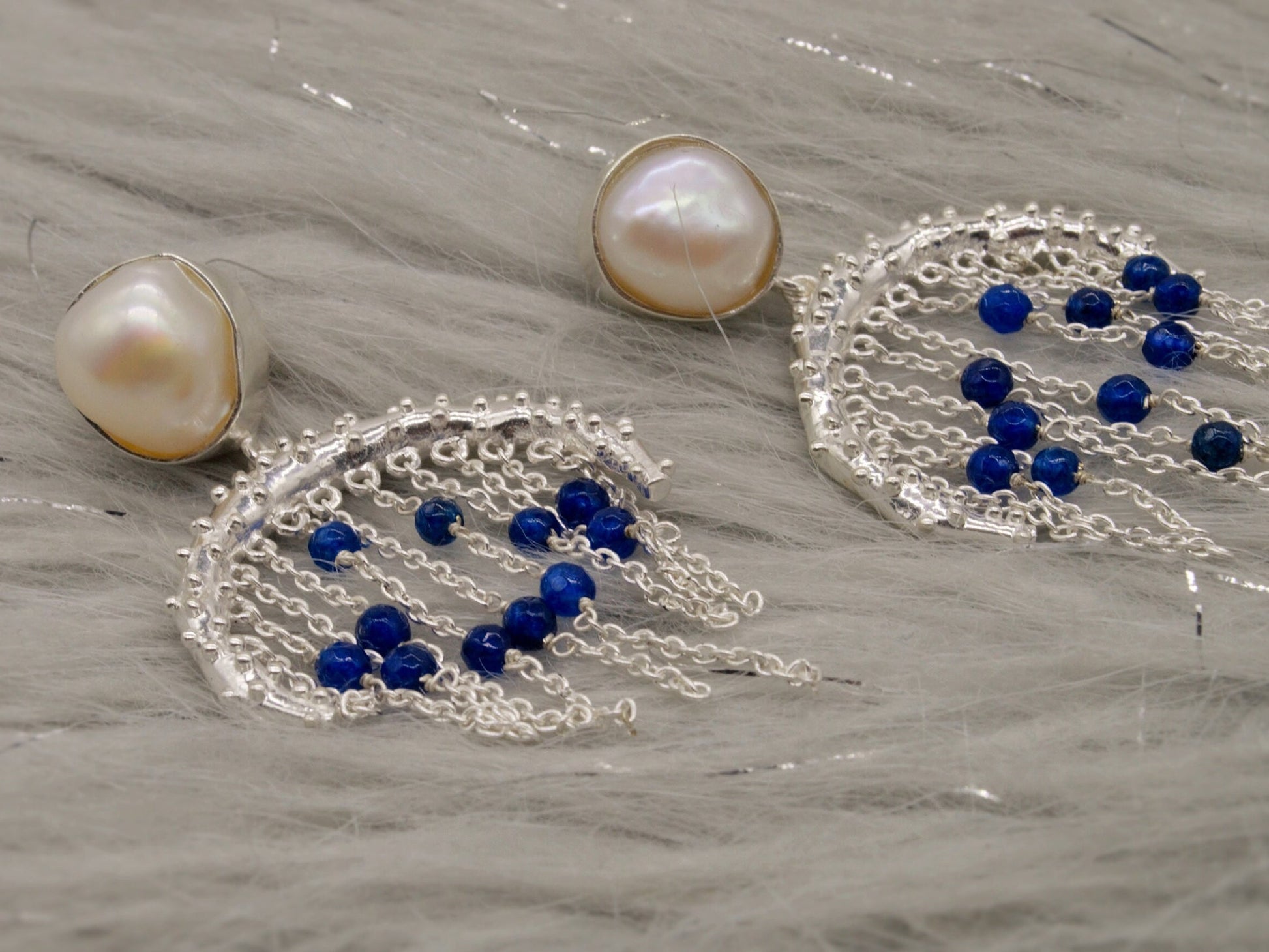 Blue Aventurine, Pearl Silver Earrings, June Birthstone Jewelry, Unique Gemstone Earrings, Indian Jhumka Earrings, Gift For Her
