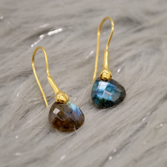 Labradorite Dangle Silver Earrings, Gold Plated Sterling Silver, Handmade Gemstone Earrings, Labradorite Stone Jewelry, Gift For Her