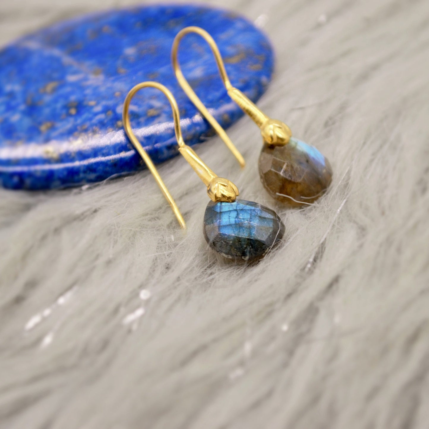 Labradorite Dangle Silver Earrings, Gold Plated Sterling Silver, Handmade Gemstone Earrings, Labradorite Stone Jewelry, Gift For Her