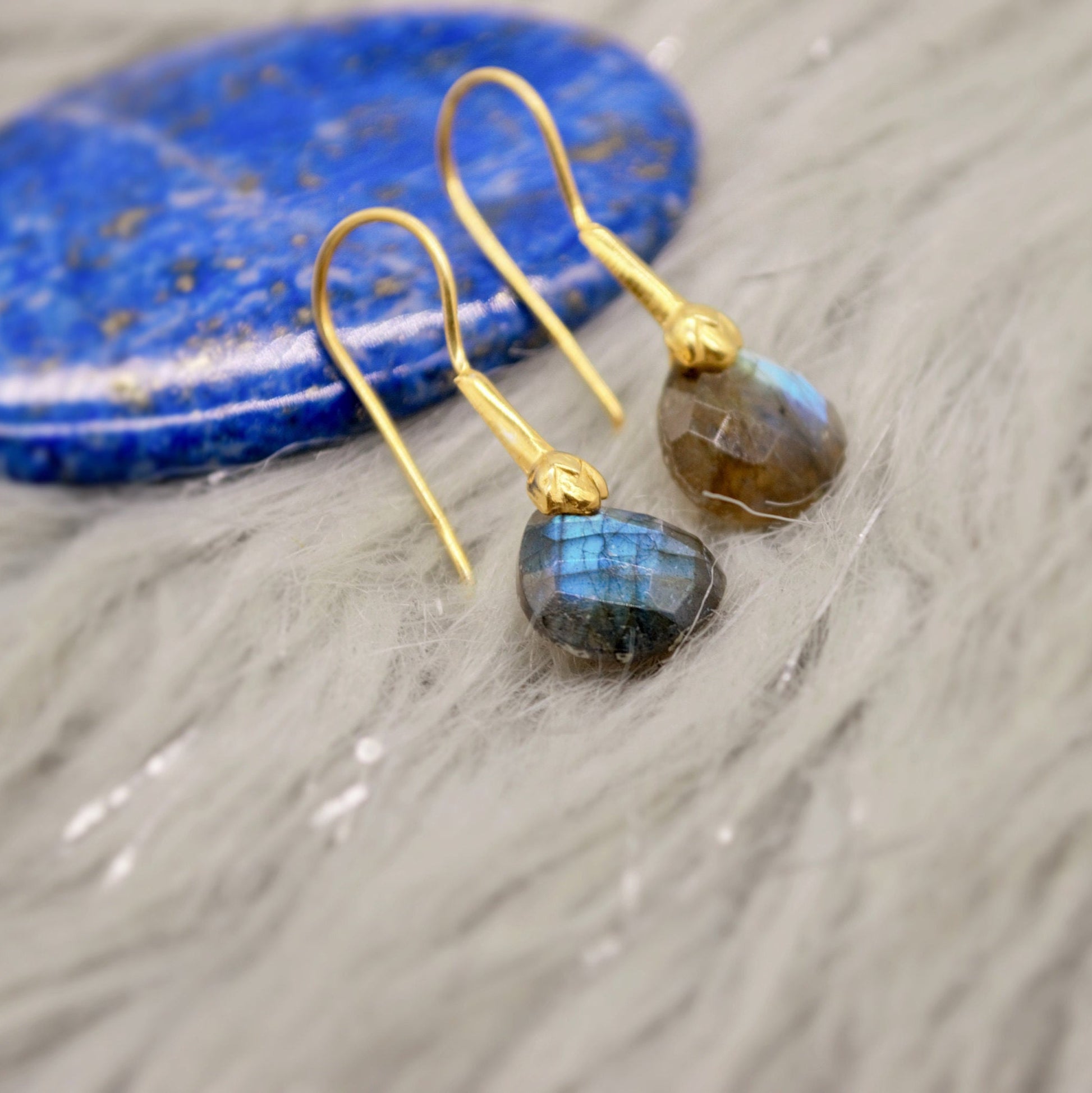Labradorite Dangle Silver Earrings, Gold Plated Sterling Silver, Handmade Gemstone Earrings, Labradorite Stone Jewelry, Gift For Her