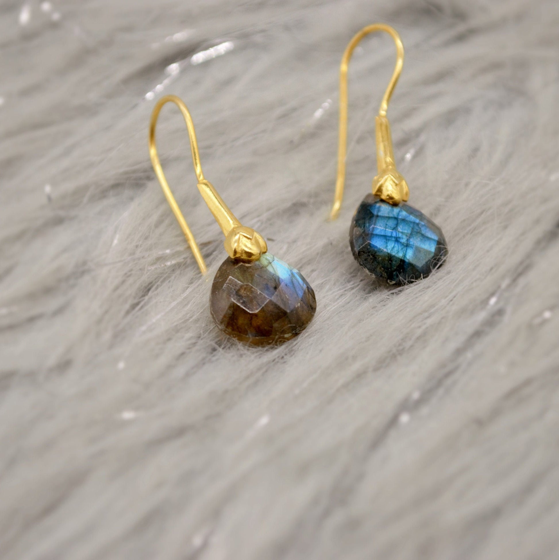 Labradorite Dangle Silver Earrings, Gold Plated Sterling Silver, Handmade Gemstone Earrings, Labradorite Stone Jewelry, Gift For Her