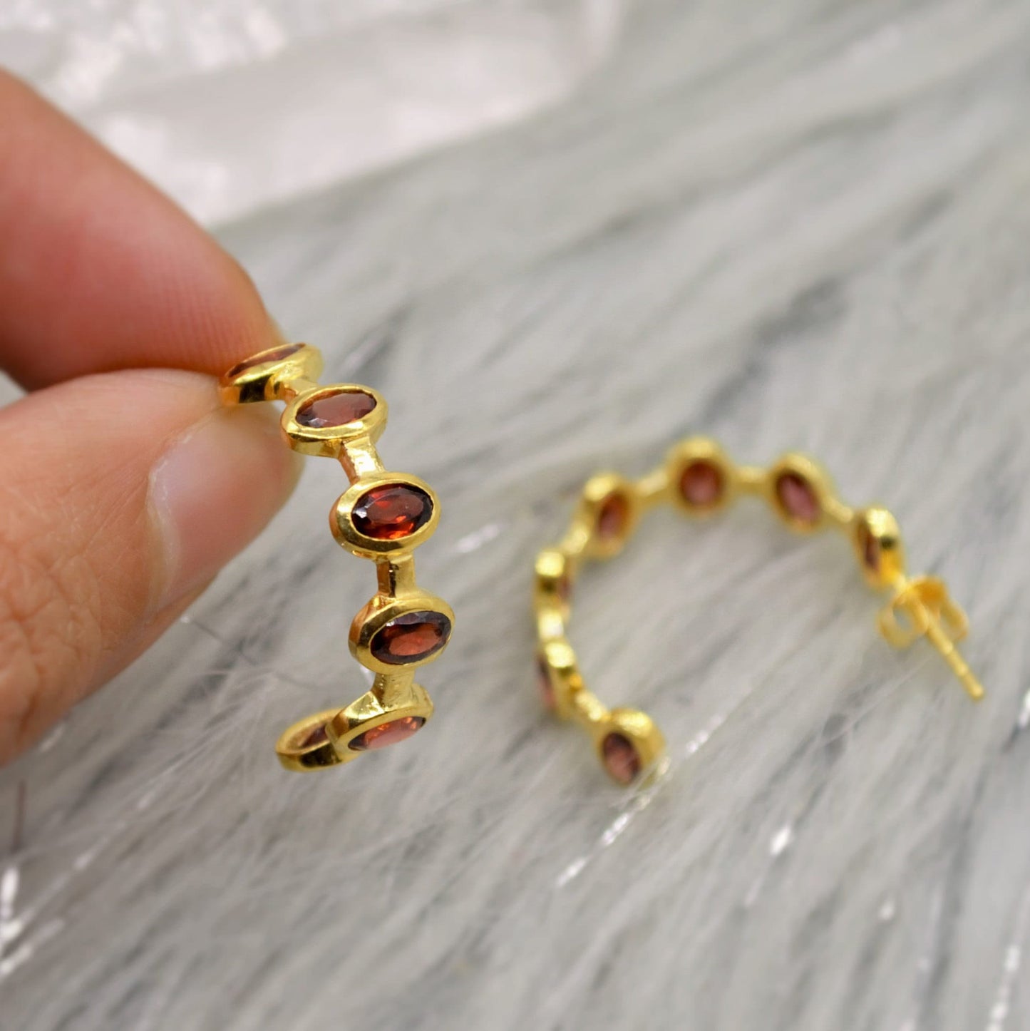 Red Garnet Gold Hoop Earrings, Sterling Silver January Birthstone Earrings, Minimalist Red Huggies Earrings, Unique Birthday Gifts For Her