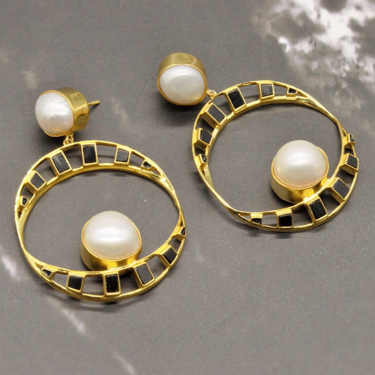 Pearl, Black Onyx Gold Earrings, June Birthstone Jewelry, Unique Statement Earrings, Gemstone Dangle Earrings, Birthday Gift for Her