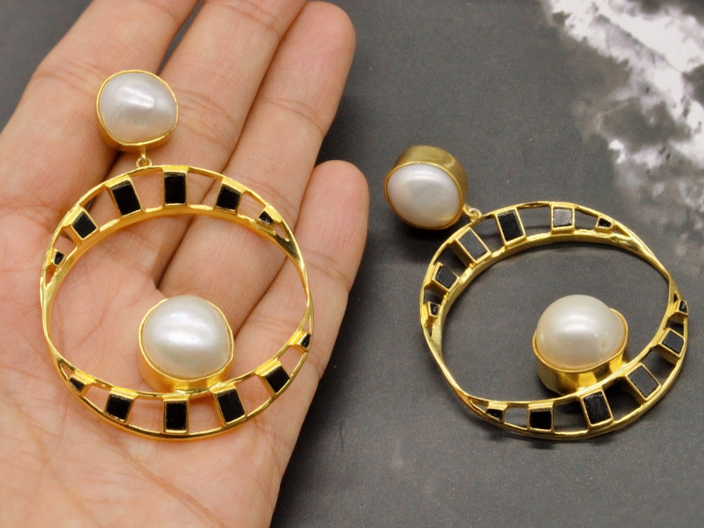 Pearl, Black Onyx Gold Earrings, June Birthstone Jewelry, Unique Statement Earrings, Gemstone Dangle Earrings, Birthday Gift for Her