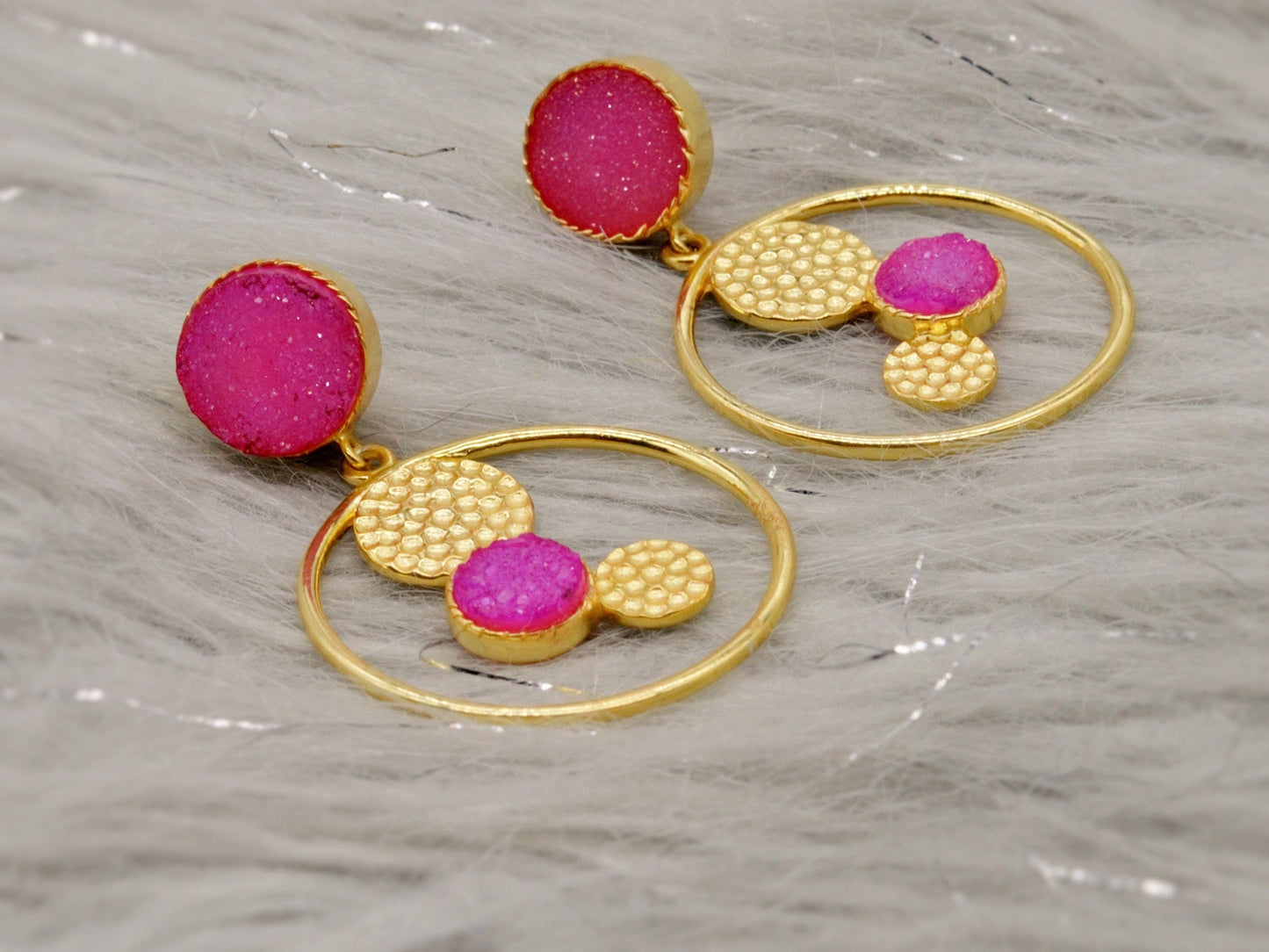 Pink Druzy Agate Gold Earrings, Gold Plated Sterling Silver Earrings, Statement Jhumka Earrings, Gift For Her, Birthday Gift