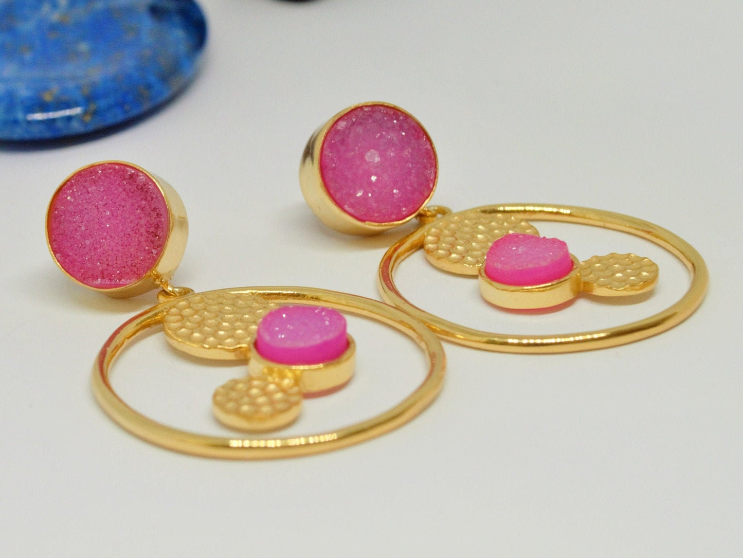 Pink Druzy Agate Gold Earrings, Gold Plated Sterling Silver Earrings, Statement Jhumka Earrings, Gift For Her, Birthday Gift
