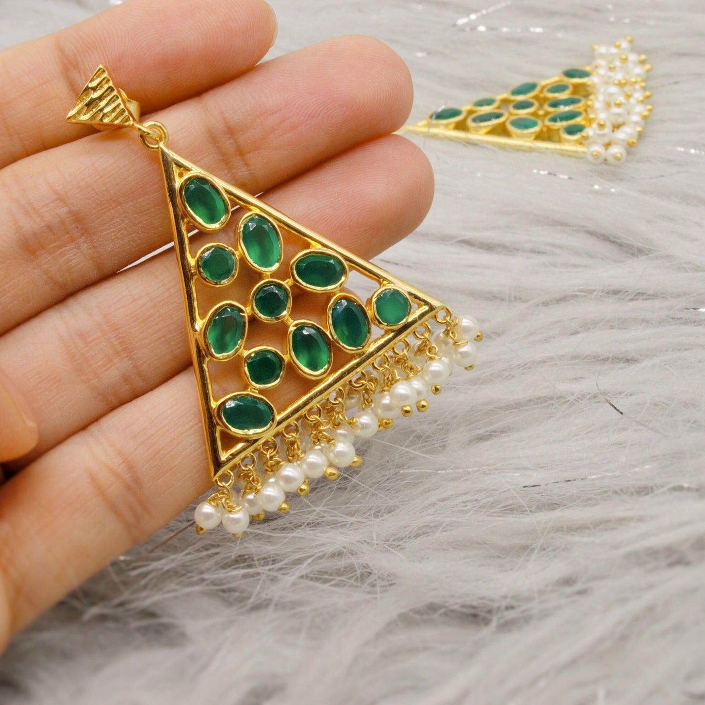 Green Onyx Pearl Gold Earrings, Unique Dangle Jhumka Earrings, June Birthstone, Statement Gemstone Drop Earrings, Gifts For Her
