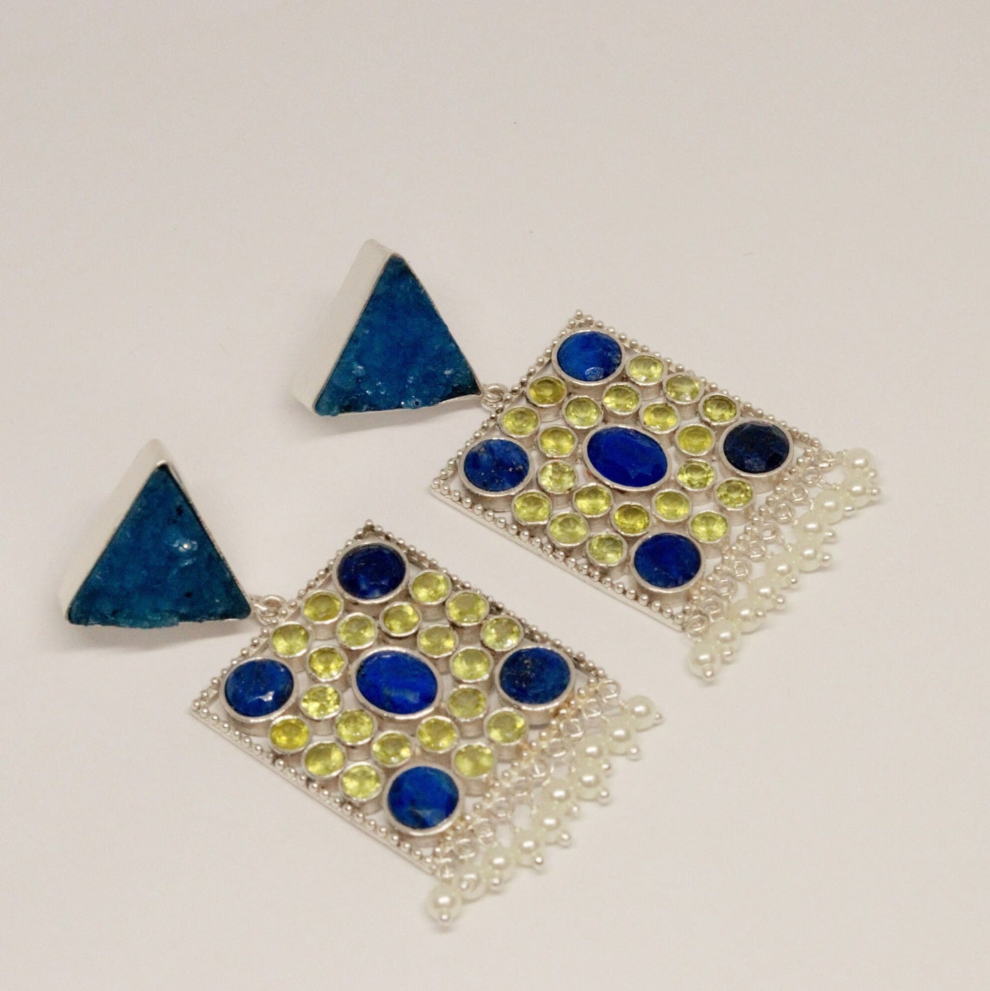 Blue Agate, Lapis, Peridot Silver Earrings, Lapis Lazuli Earrings, August, December Birthstone, Unique Statement Earrings, Gift For Her