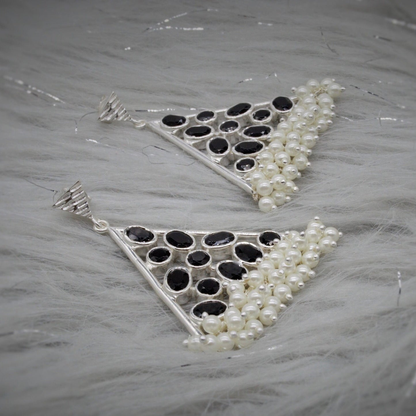 Black Onyx Pearl Earrings, Sterling Silver Earrings, June Birthstone, Statement Unique Gemstone Earrings, Gift For Her