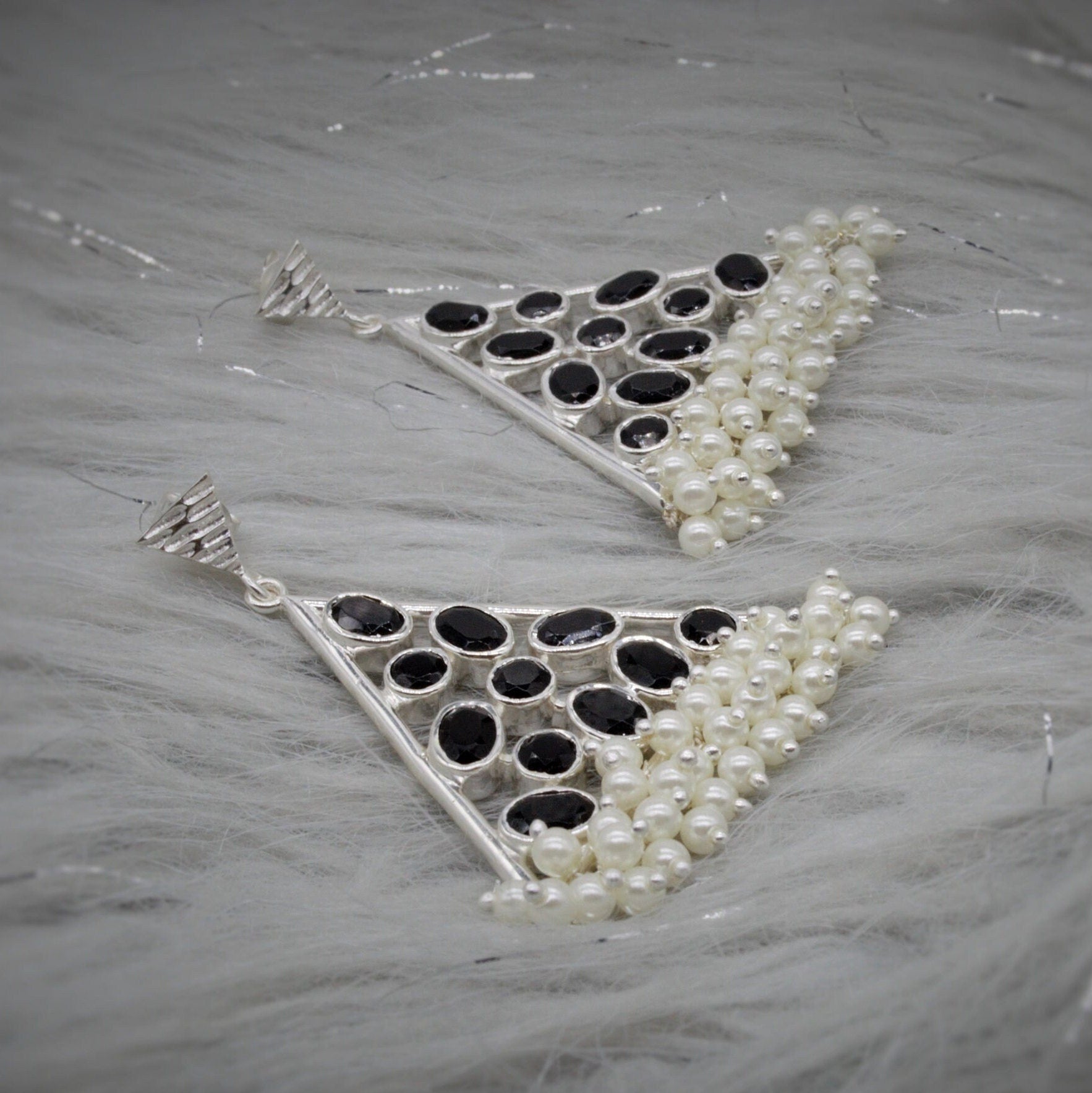 Black Onyx Pearl Earrings, Sterling Silver Earrings, June Birthstone, Statement Unique Gemstone Earrings, Gift For Her