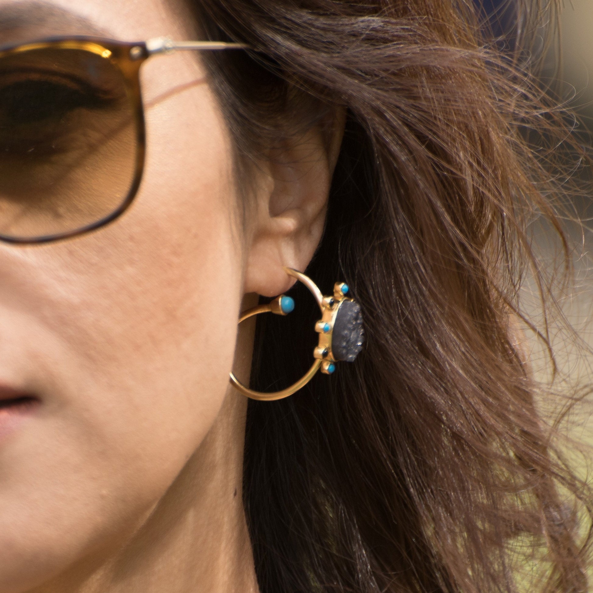 Black Onyx, Agate, Turquoise Earrings, Sterling Silver, Turquoise Birthstone Jewelry, Unique Druzy Gemstone Earrings