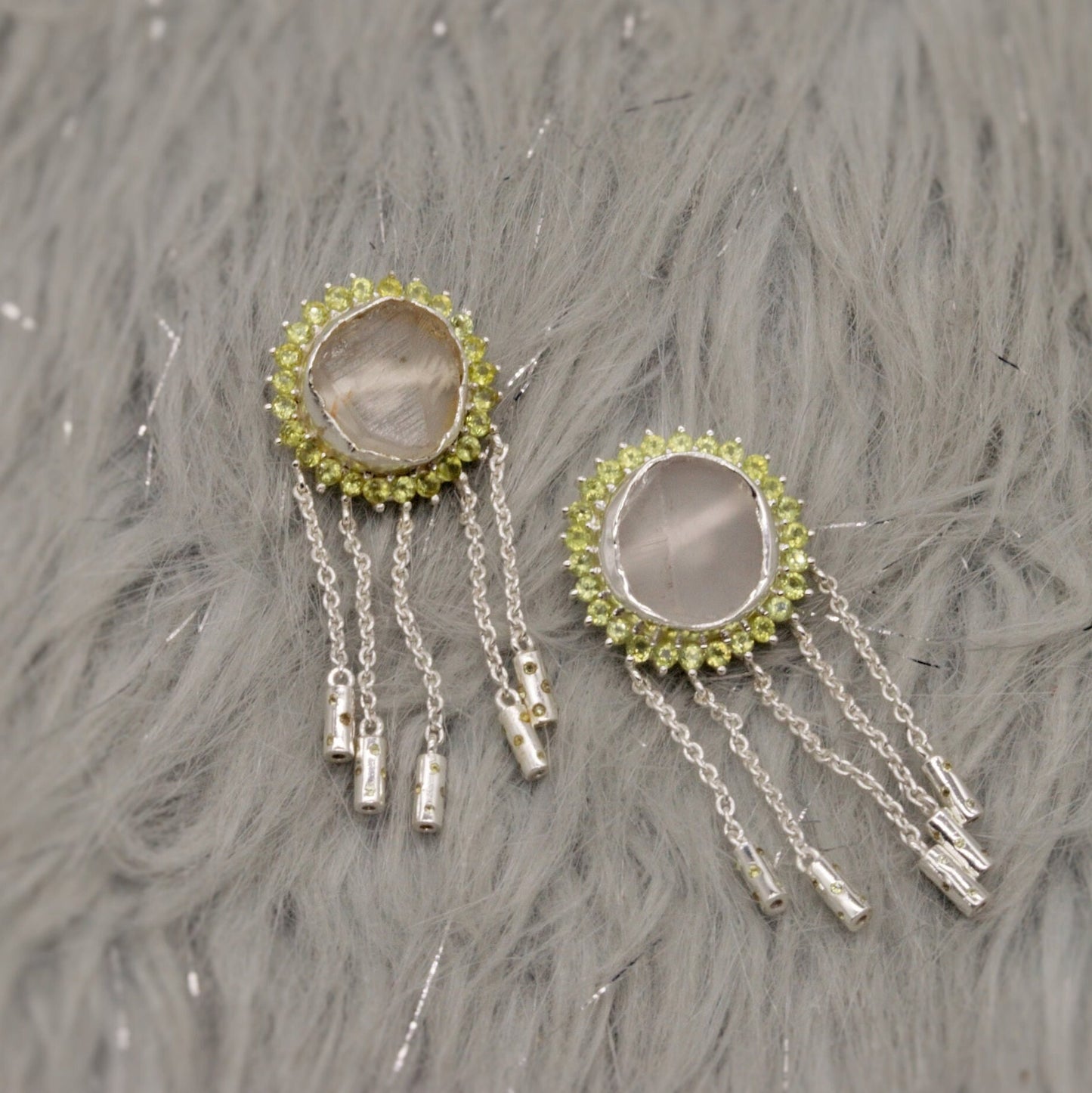 Peridot, Clear Quartz Silver Earrings, Sterling Silver, August Birthstone, Unique Statement Dangle Drop Jhumka Earrings, Birthday Gifts