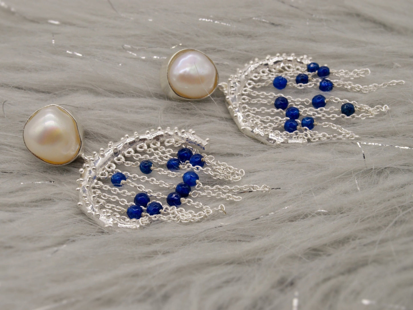 Blue Aventurine, Pearl Silver Earrings, June Birthstone Jewelry, Unique Gemstone Earrings, Indian Jhumka Earrings, Gift For Her