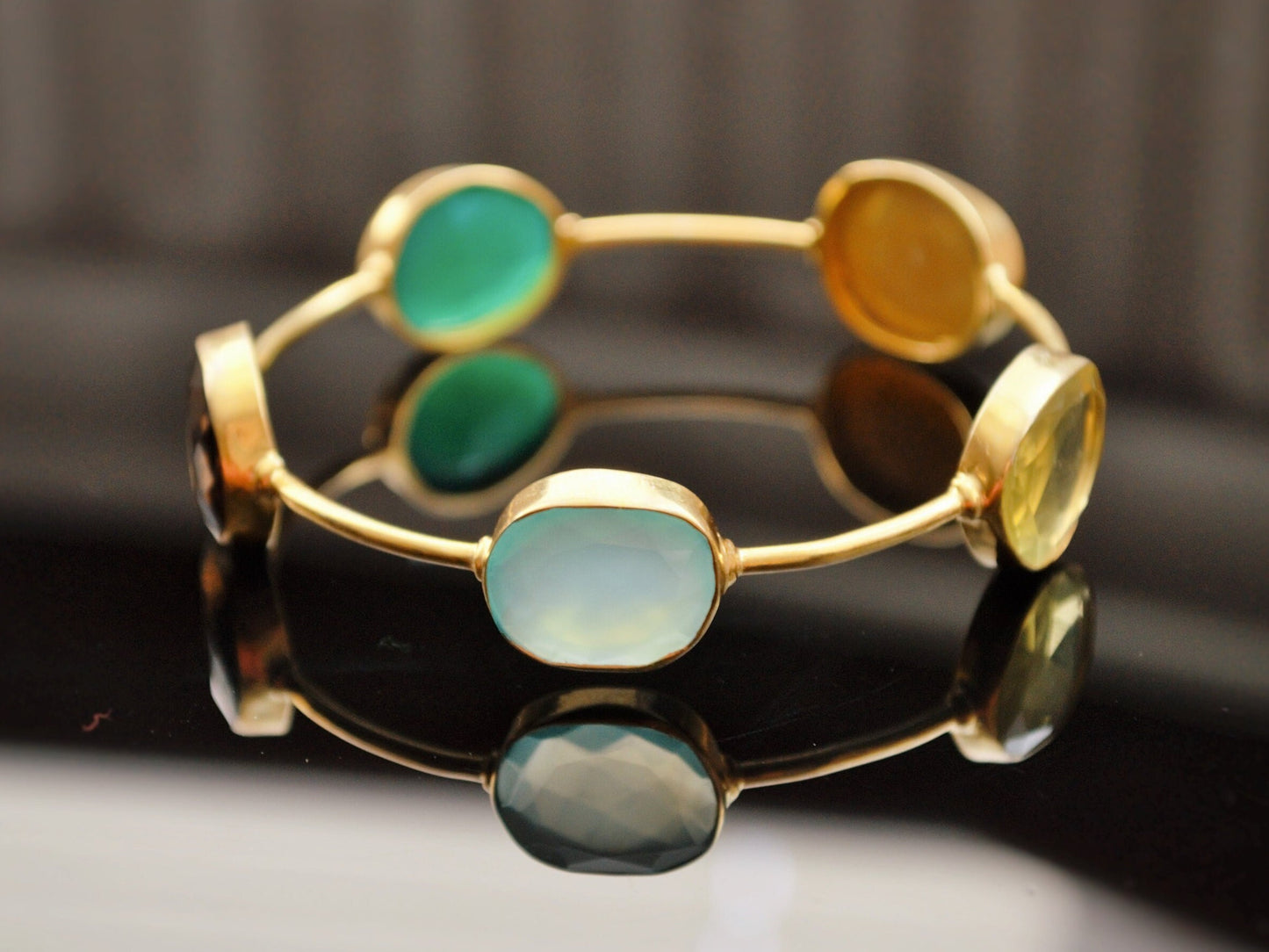 Green Onyx Smoky Quartz Bangle Bracelet, Chalcedony Bracelet, Gold Plated 925 Silver Bangle, Birthday Gift For Her, Dainty Bracelet 6 cm